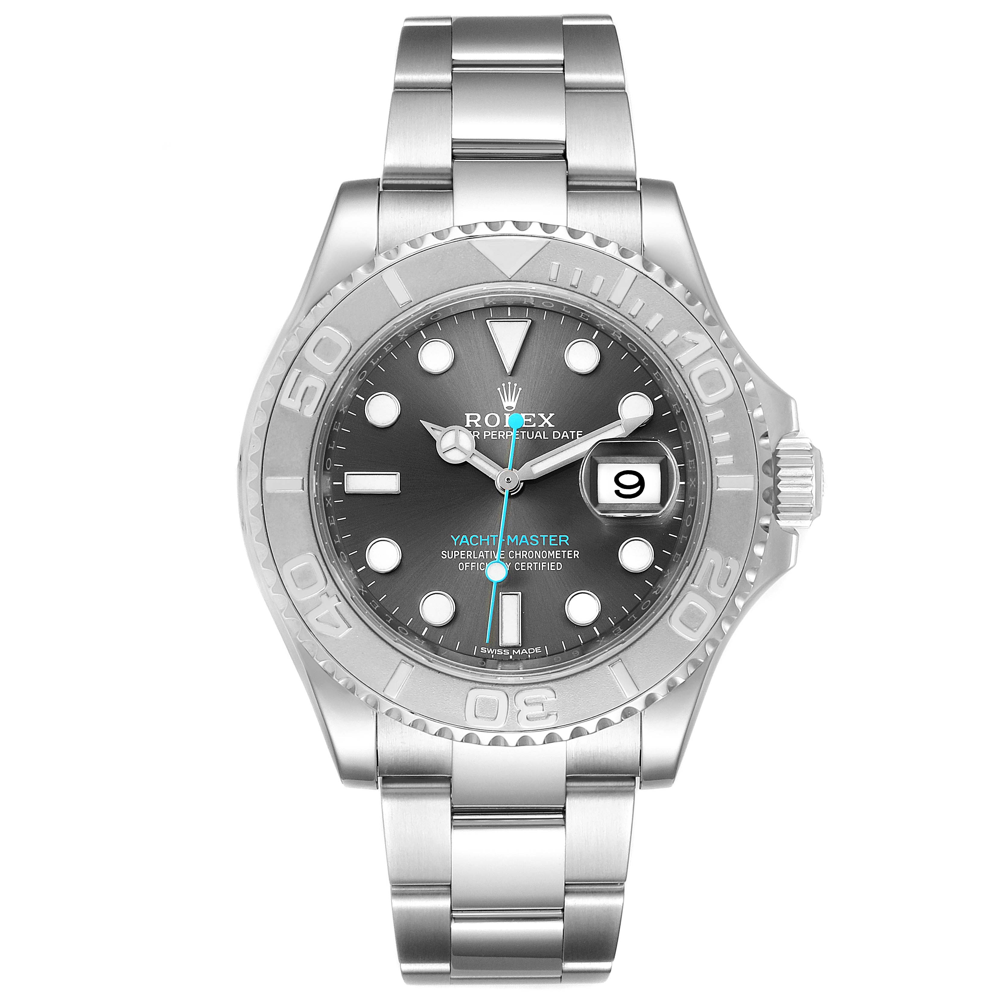 The image shows a front view of a Rolex Yacht-Master 116622 Men
s Stainless Steel Grey Dial 116622 Men
s Stainless Steel Grey Dial watch, displaying the dial, bezel, and bracelet.