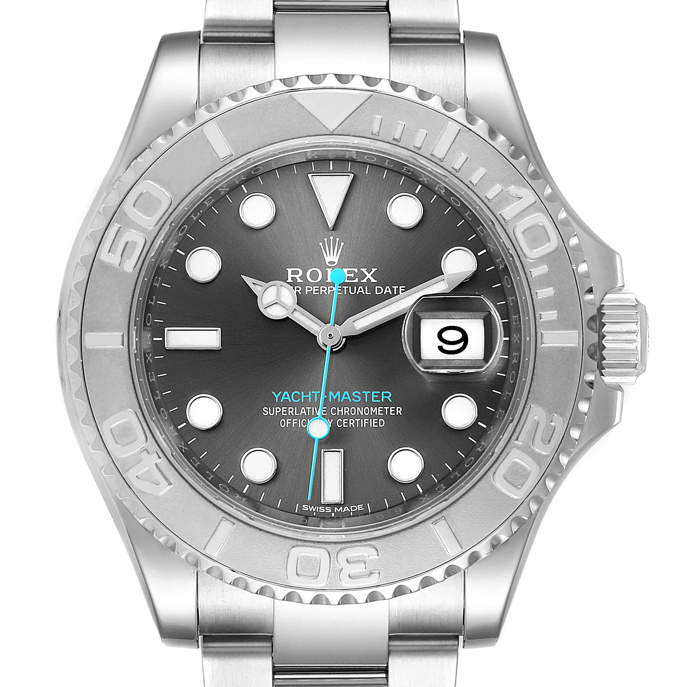 The image shows a front view of the Rolex Yacht-Master 116622 Men
s Stainless Steel Grey Dial 116622 Men
s Stainless Steel Grey Dial watch, displaying the dial, bezel, crown, and part of the bracelet.
