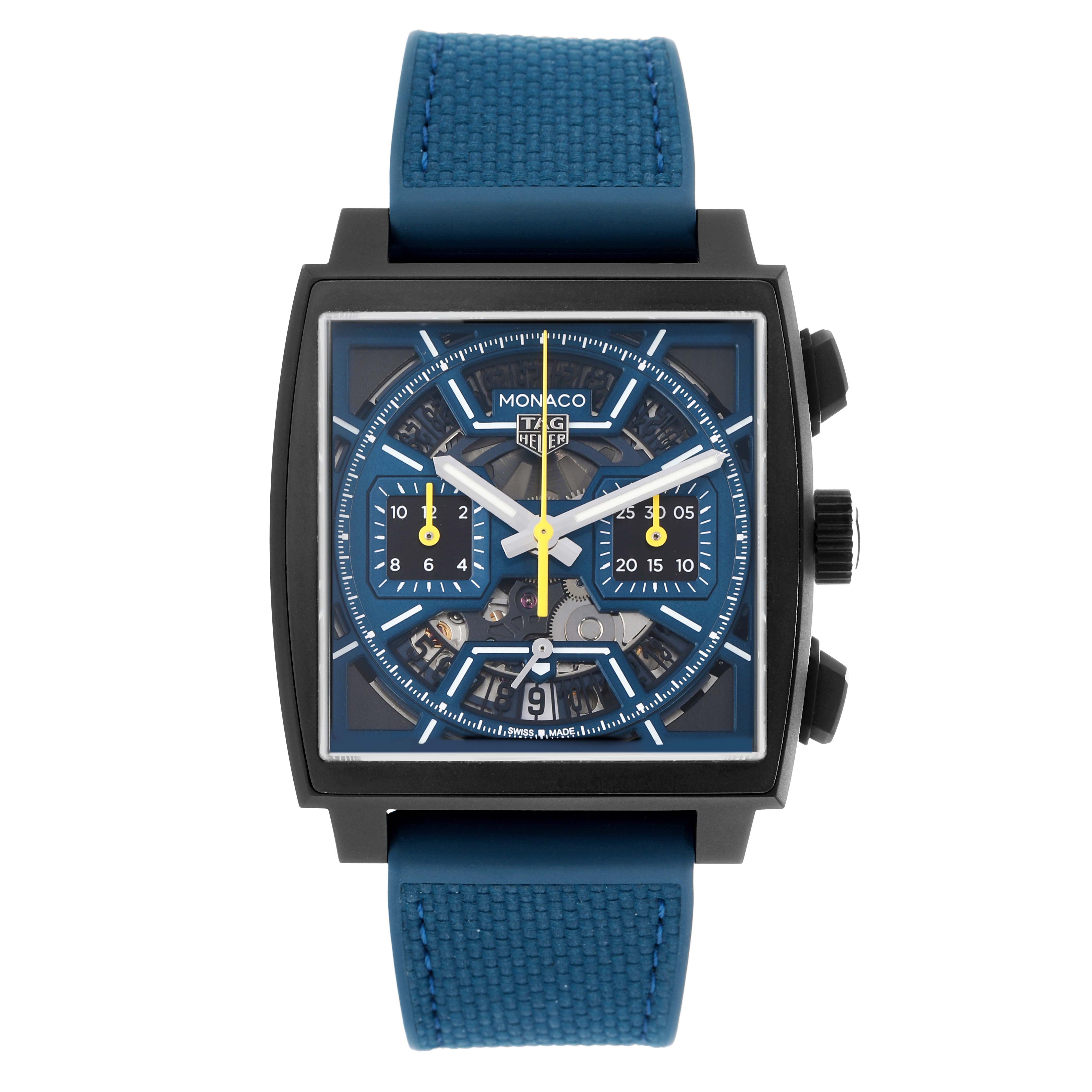 The Tag Heuer Monaco CBL2188.FT6261 Men's Titanium Blue Dial watch is shown from a front angle, highlighting the face, crown, and blue strap.