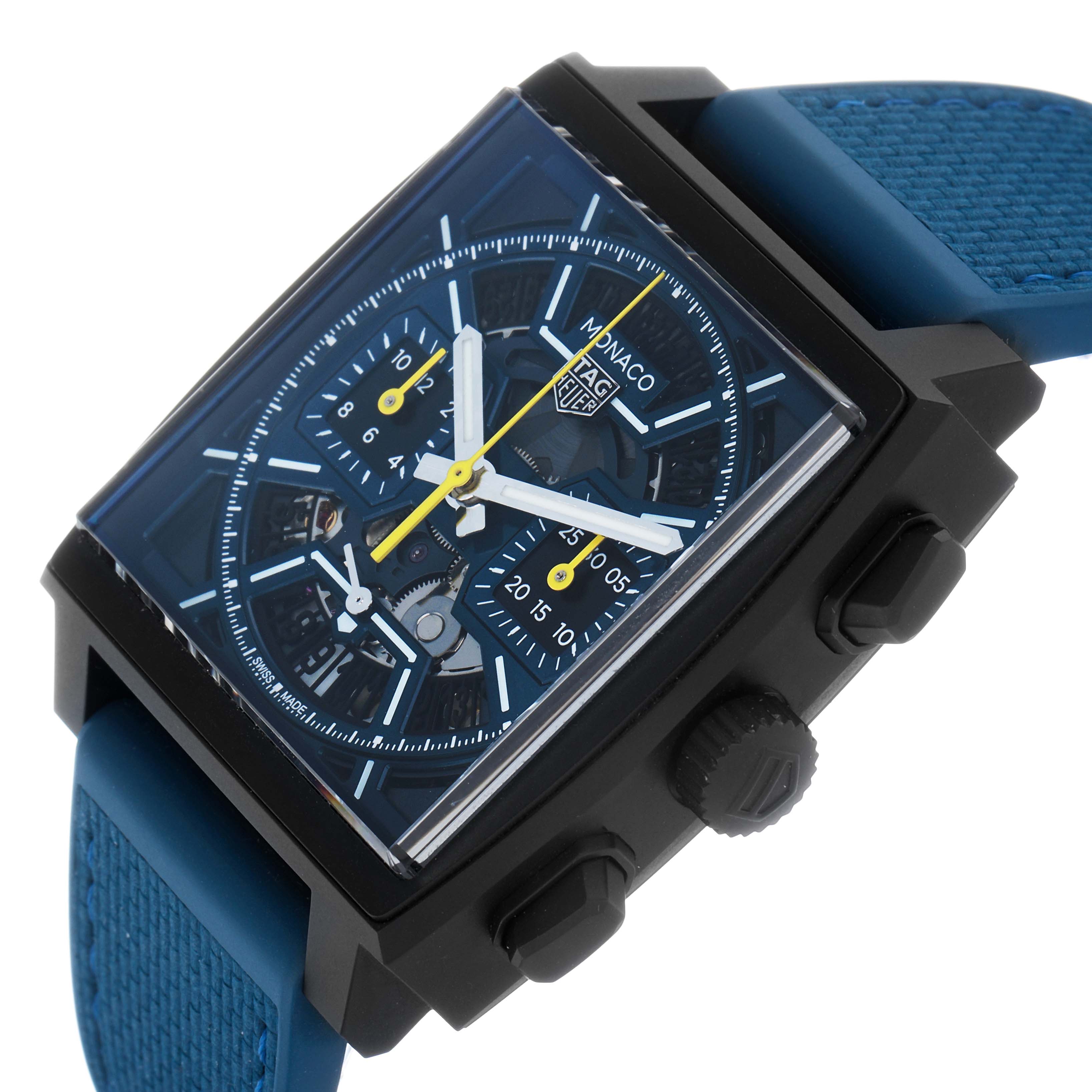 The Tag Heuer Monaco CBL2188.FT6261 Men's Titanium Blue Dial watch is shown at a slight angle, highlighting the front face, side buttons, and strap connection.