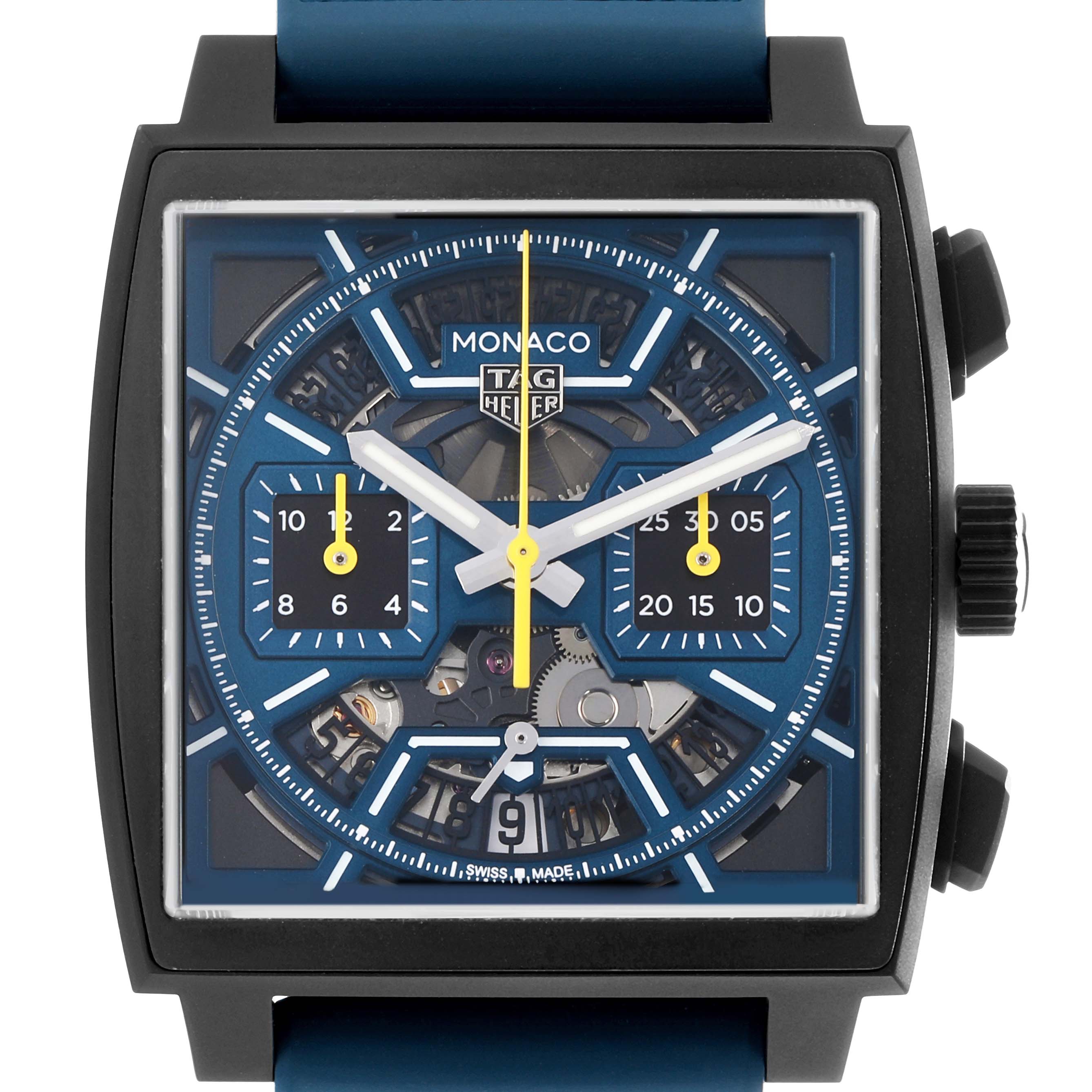 The Tag Heuer Monaco CBL2188.FT6261 Men's Titanium Blue Dial watch is shown from a front angle, displaying the dial, hands, and chronograph subdials.