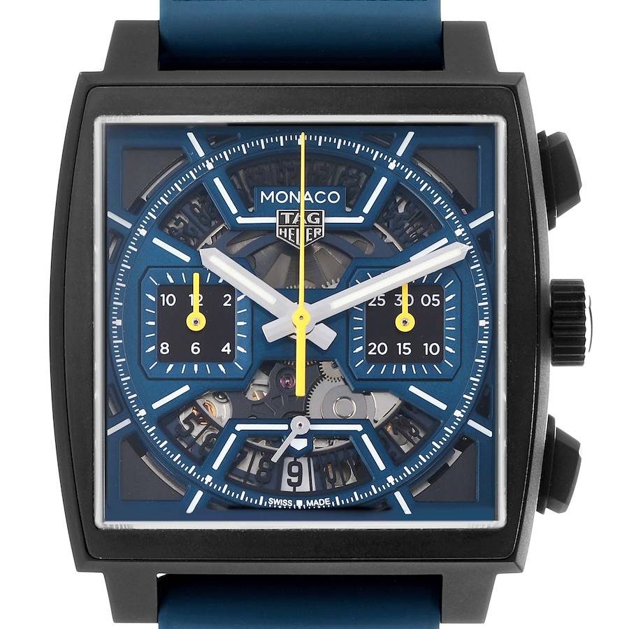 The Tag Heuer Monaco CBL2188.FT6261 Men's Titanium Blue Dial watch is shown from a front angle, displaying the dial, hands, and chronograph subdials.