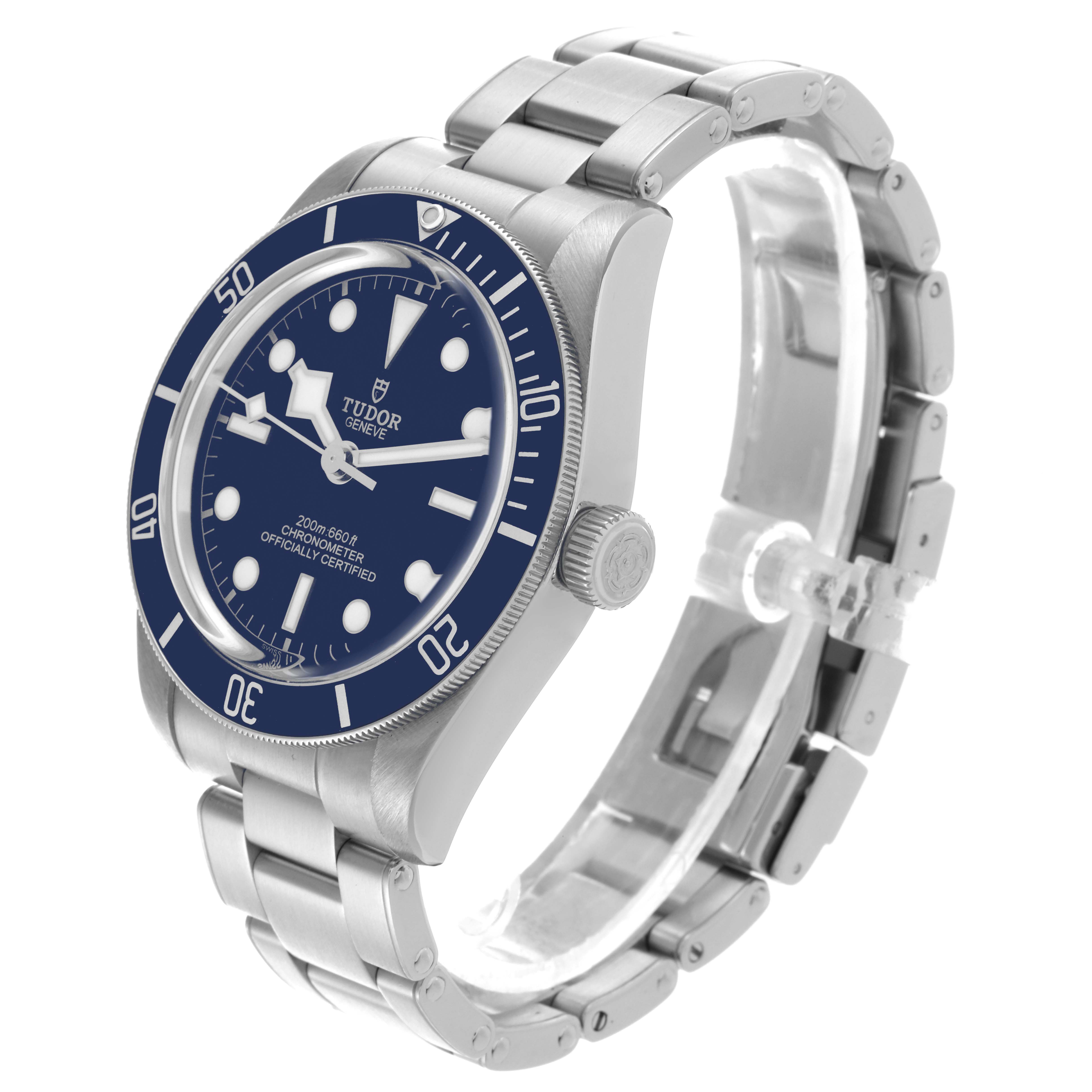 The Tudor Heritage Black Bay 79030 Men's Stainless Steel Blue Dial 79030 Men's Stainless Steel Blue Dial watch is shown at an angled side view, highlighting the face, bezel, crown, and bracelet.