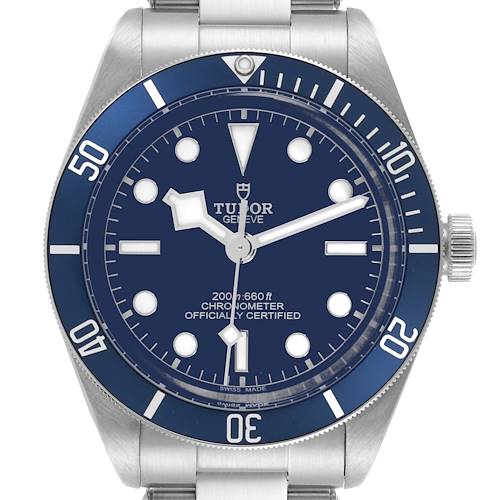 The Tudor Heritage Black Bay watch is shown from a front angle, highlighting the dial, bezel, and crown.