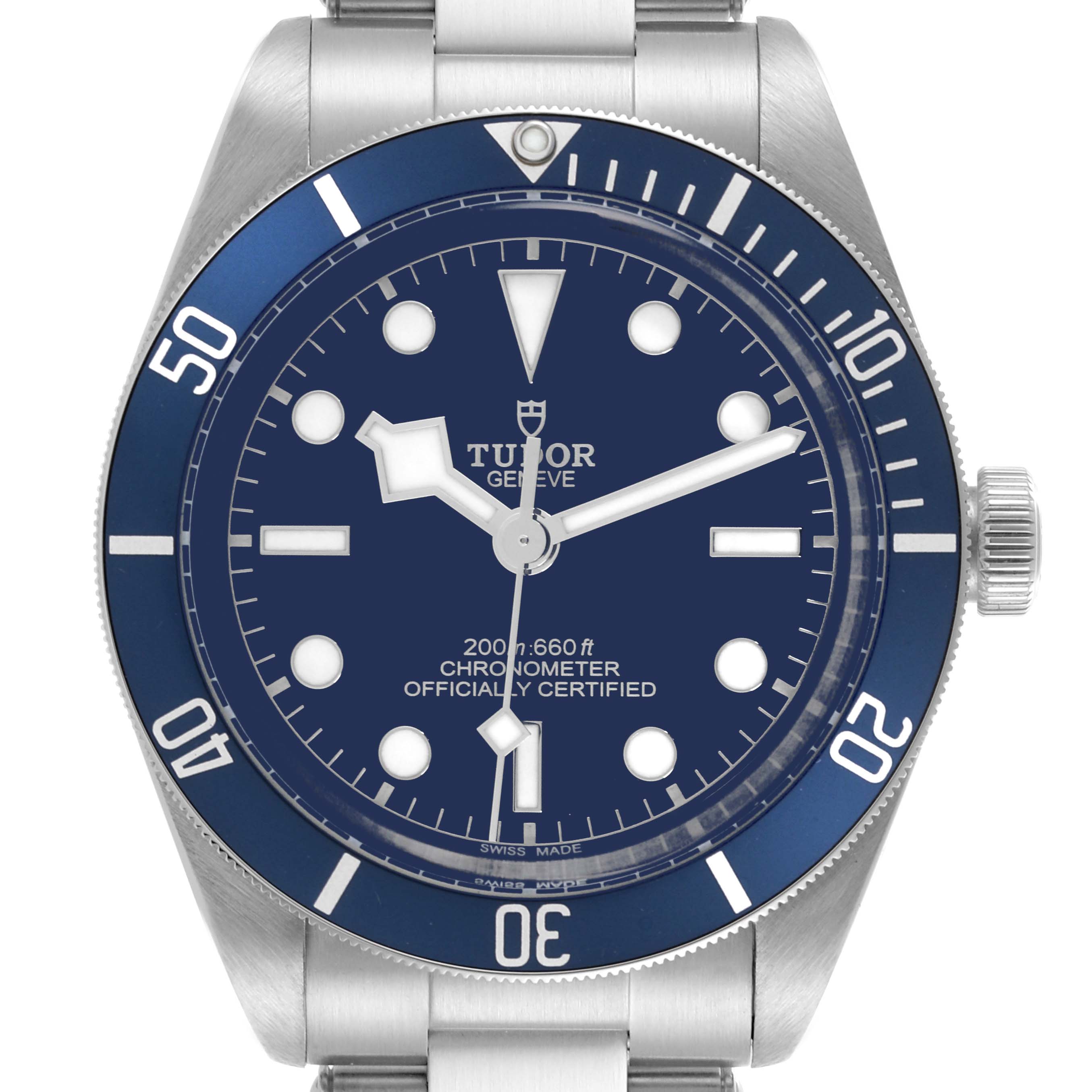 The image shows a front view of the Tudor Heritage Black Bay 79030 Men's Stainless Steel Blue Dial 79030 Men's Stainless Steel Blue Dial watch, featuring its dial, bezel, and part of the bracelet.