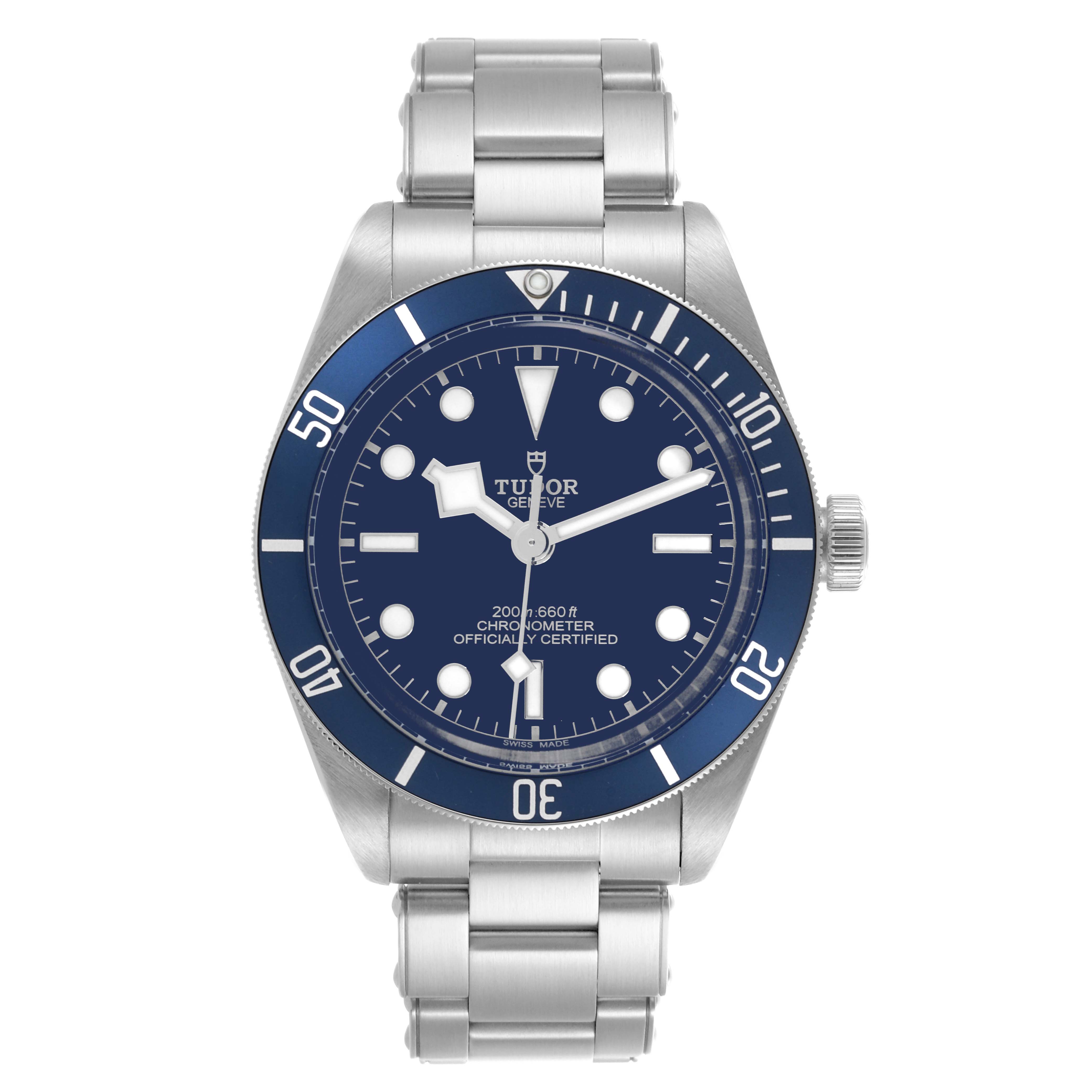 The Tudor Heritage Black Bay 79030 Men's Stainless Steel Blue Dial 79030 Men's Stainless Steel Blue Dial watch is shown from the front, highlighting the dial, bezel, and bracelet.