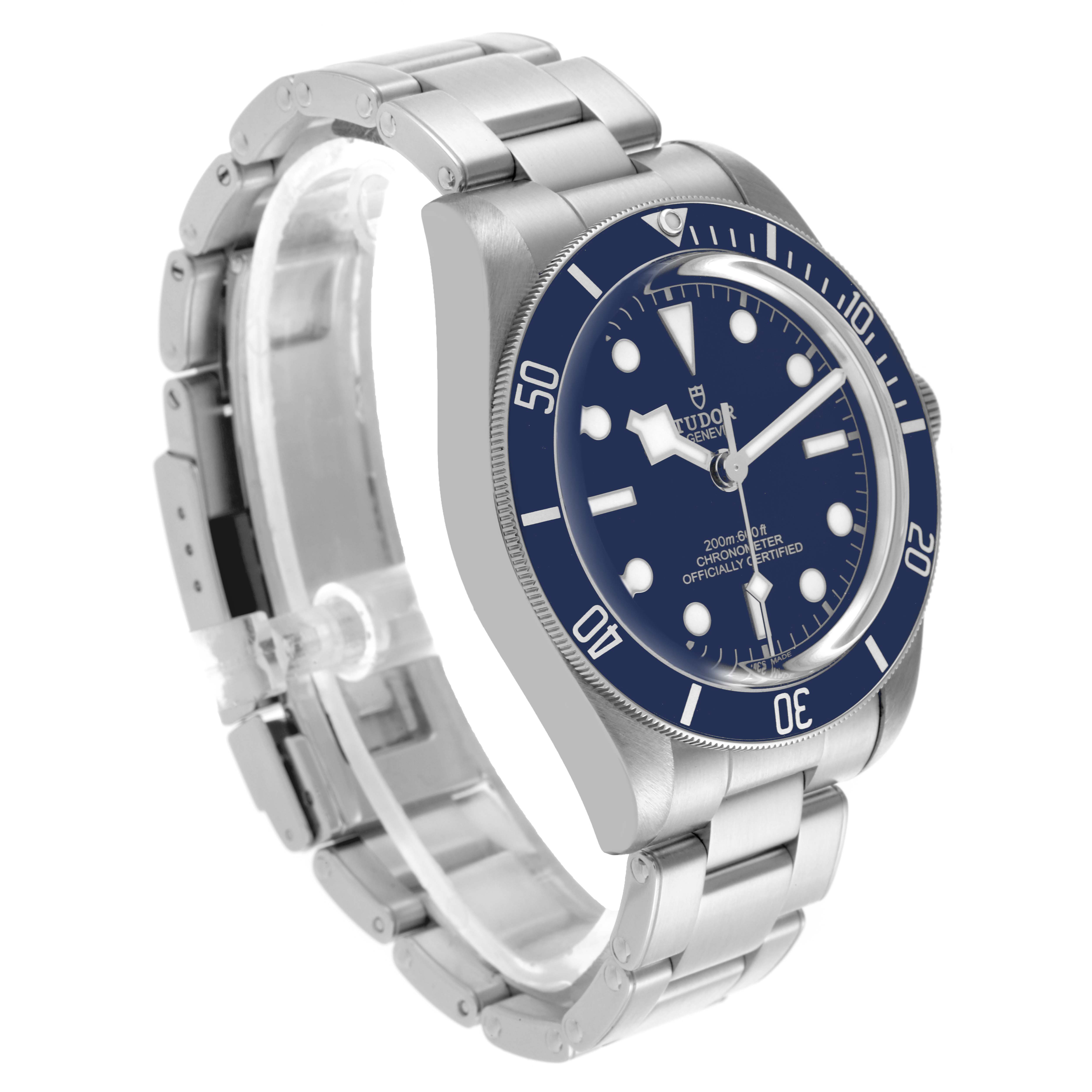The Tudor Heritage Black Bay 79030 Men's Stainless Steel Blue Dial 79030 Men's Stainless Steel Blue Dial watch is shown at a three-quarter angle, highlighting the face, bezel, and bracelet.