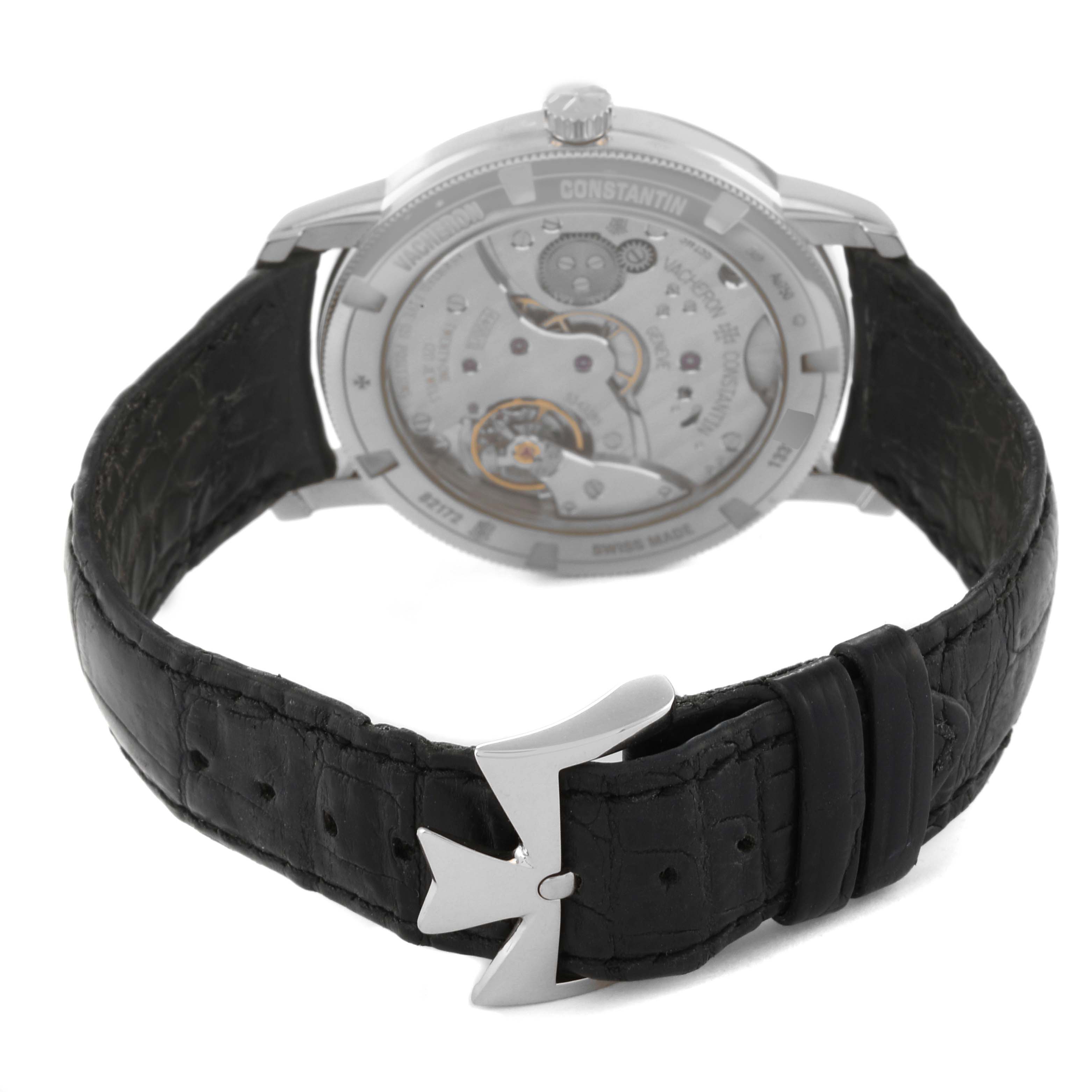 The image shows the back view of a Vacheron Constantin Traditionnelle 82172/000G-9383 Men's White Gold Silver Dial 82172/000G-9383 Men's White Gold Silver Dial watch, highlighting its movement and black leather strap.