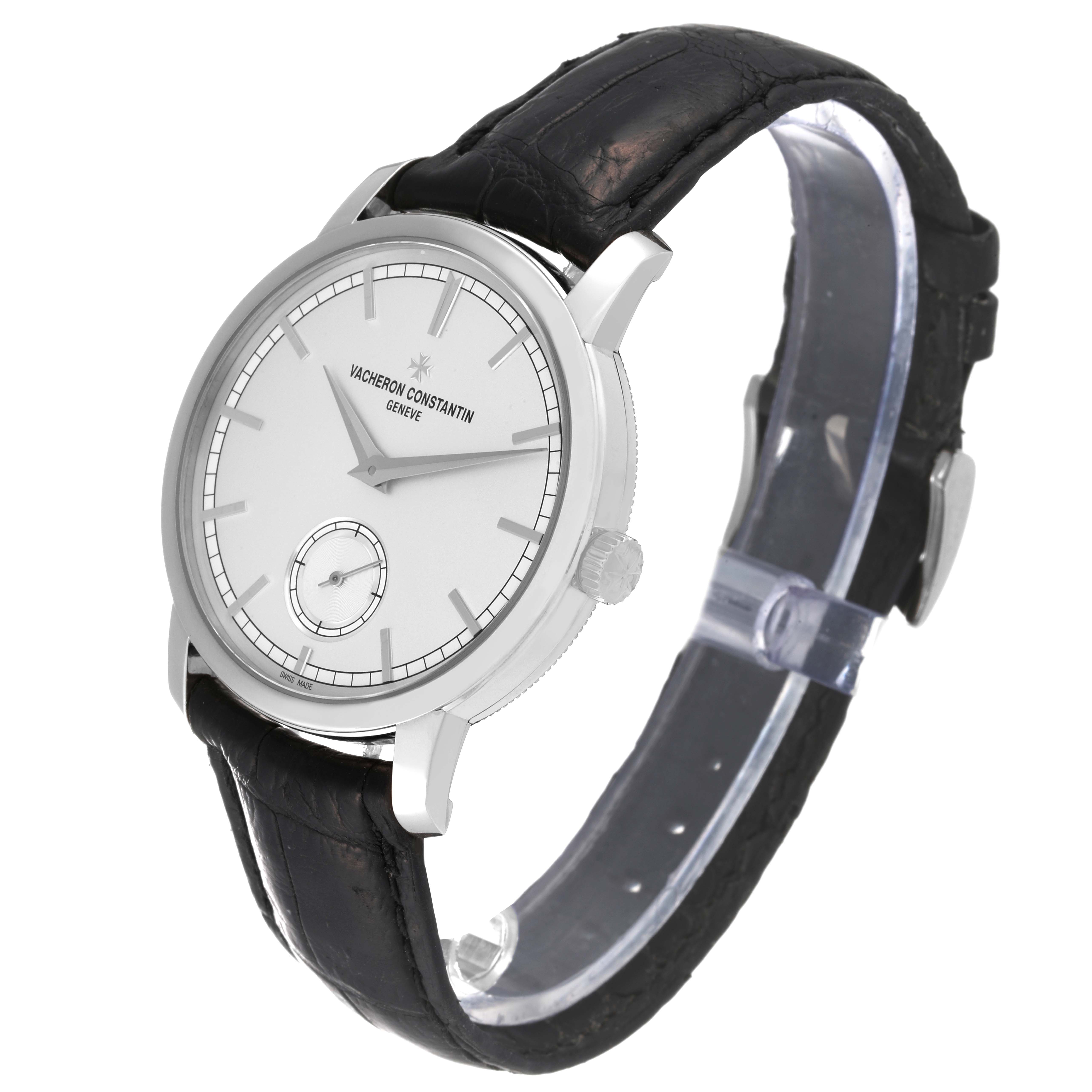 The Vacheron Constantin Traditionnelle 82172/000G-9383 Men's White Gold Silver Dial 82172/000G-9383 Men's White Gold Silver Dial watch is shown at a slight side angle, highlighting the face, hands, crown, and strap.