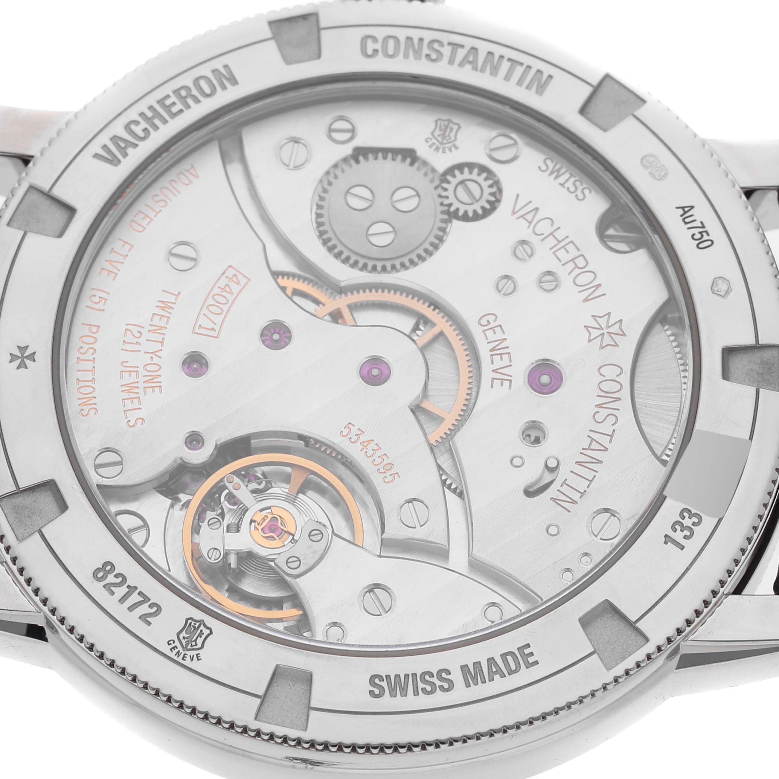 The image shows the back view of the Vacheron Constantin Traditionnelle 82172/000G-9383 Men's White Gold Silver Dial 82172/000G-9383 Men's White Gold Silver Dial watch, highlighting its intricate movement components.