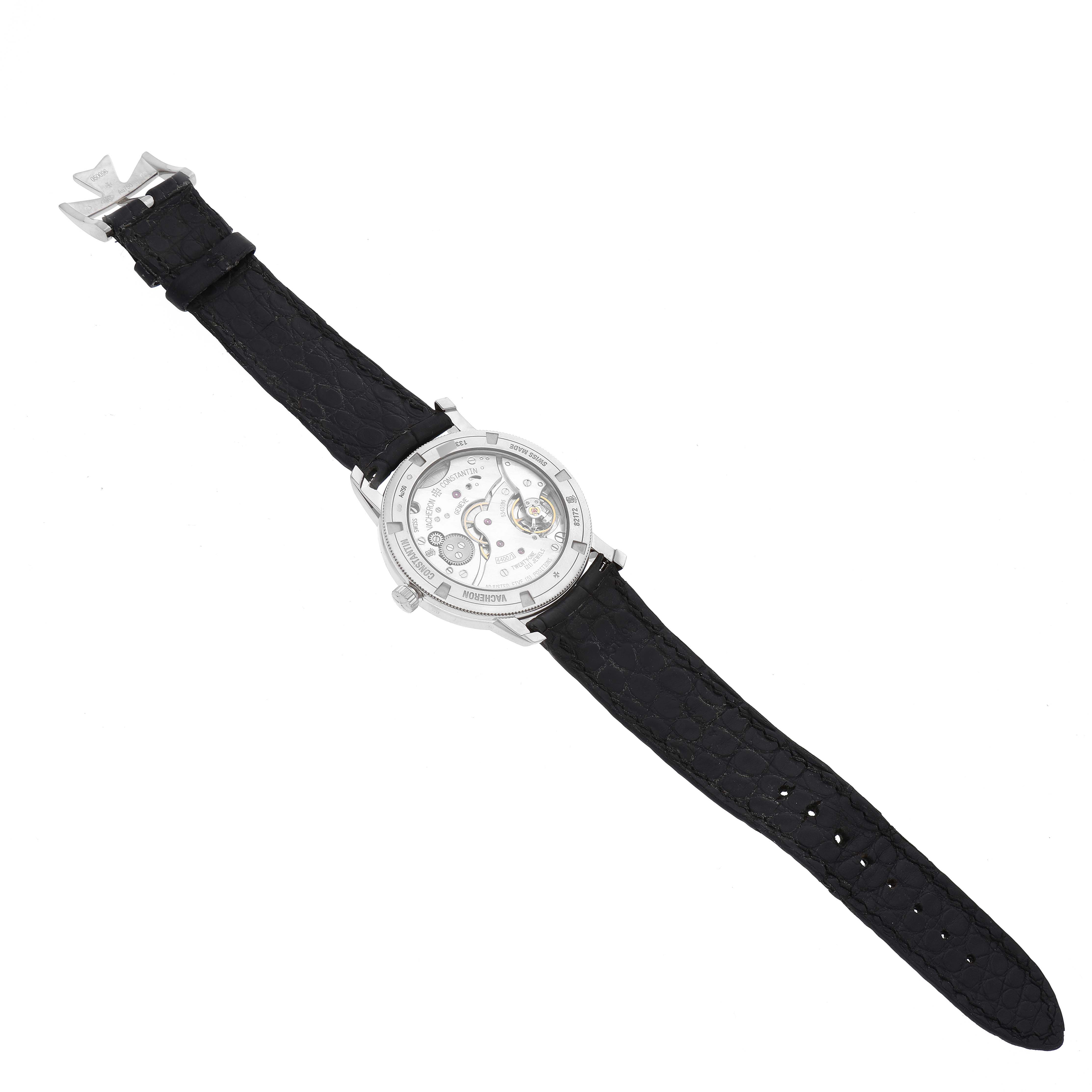 The image shows the back view of a Vacheron Constantin Traditionnelle 82172/000G-9383 Men's White Gold Silver Dial 82172/000G-9383 Men's White Gold Silver Dial watch with a black leather strap and visible internal mechanisms.