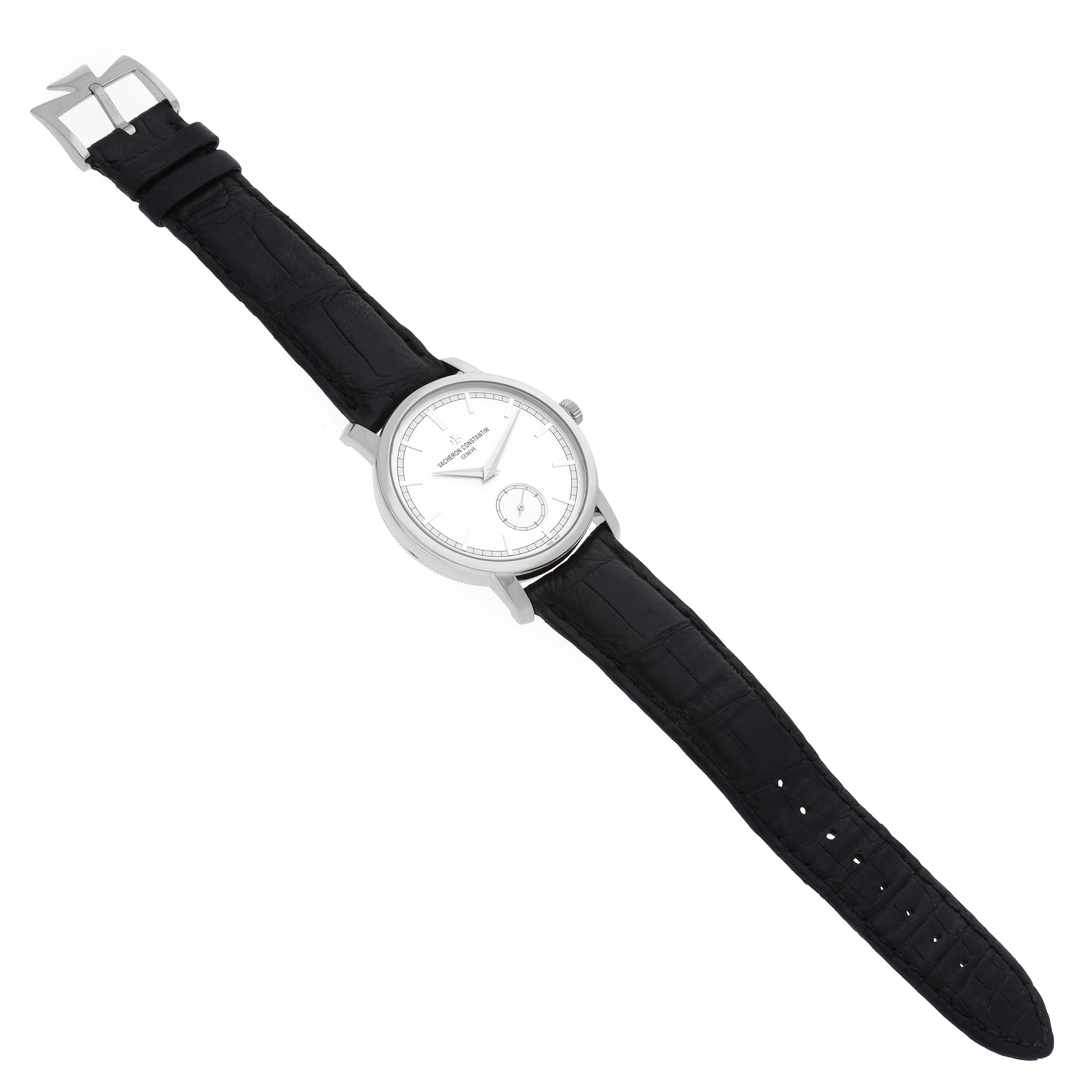 The Vacheron Constantin Traditionnelle 82172/000G-9383 Men's White Gold Silver Dial 82172/000G-9383 Men's White Gold Silver Dial watch is shown from a top-down angle, featuring its face, bezel, case, crown, and strap with a buckle.