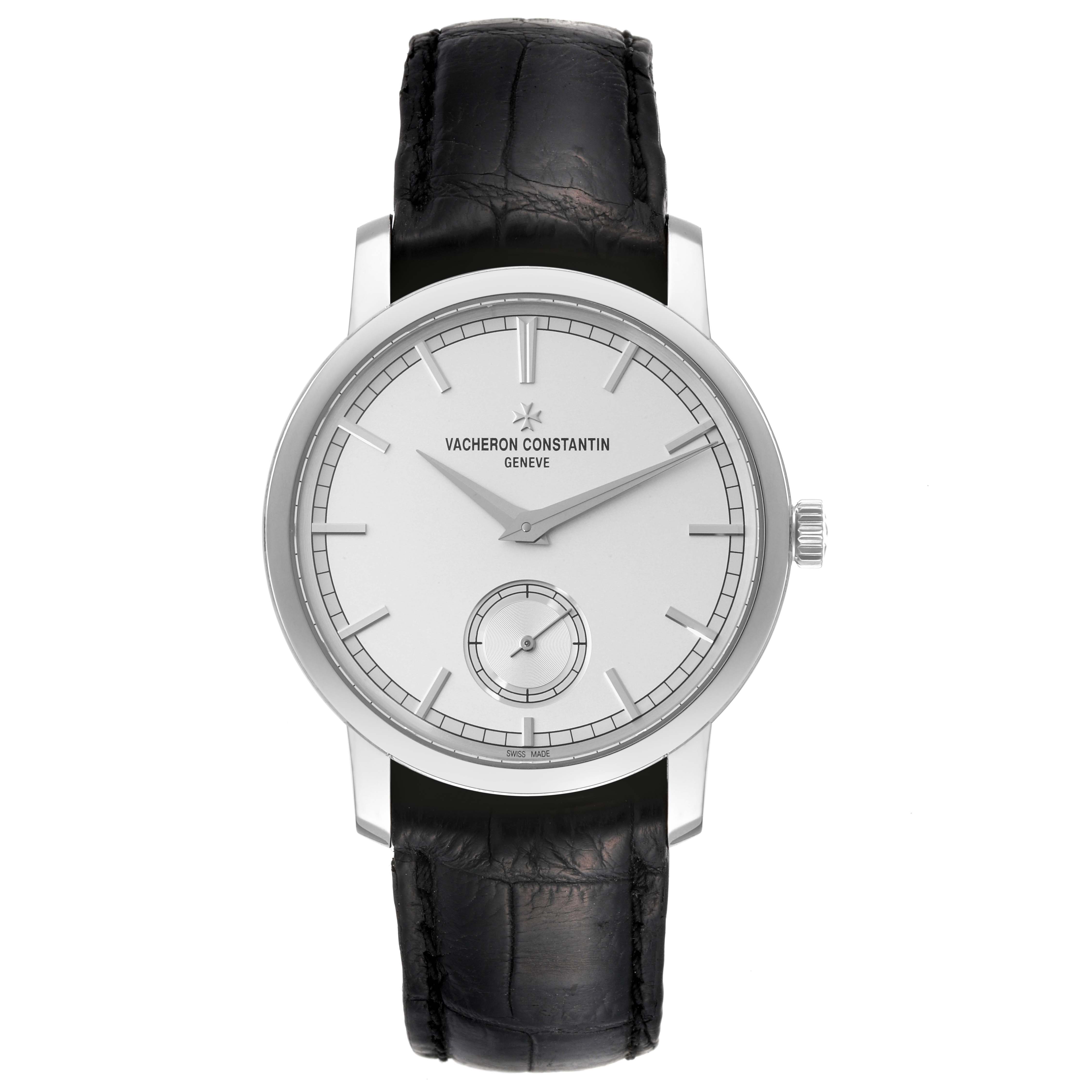 The Vacheron Constantin Traditionnelle 82172/000G-9383 Men's White Gold Silver Dial 82172/000G-9383 Men's White Gold Silver Dial watch is shown from a front angle, displaying its face, hands, dial, and strap.
