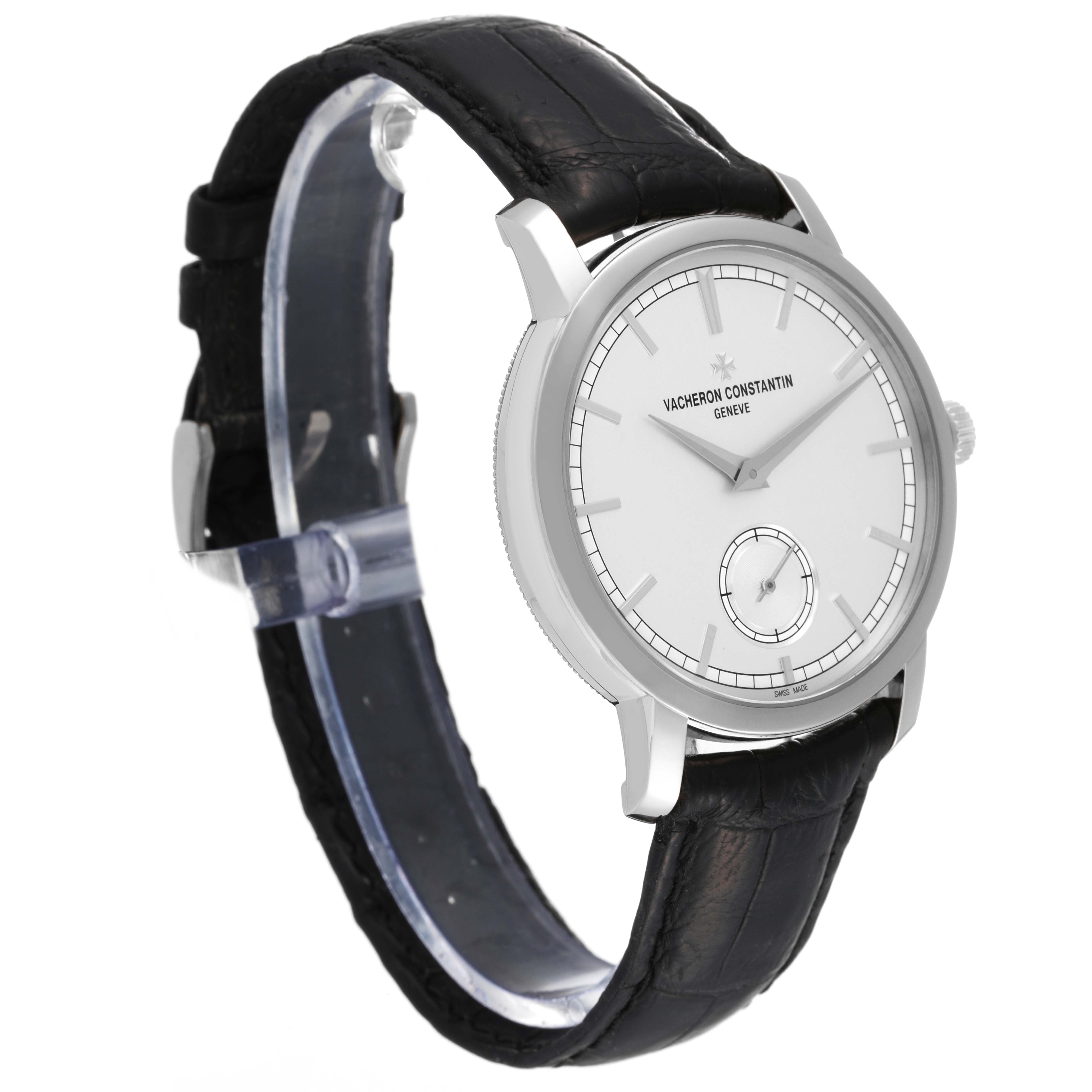 The image shows a side-angle view of the Vacheron Constantin Traditionnelle 82172/000G-9383 Men's White Gold Silver Dial 82172/000G-9383 Men's White Gold Silver Dial watch, highlighting the watch face, case, and black leather strap.