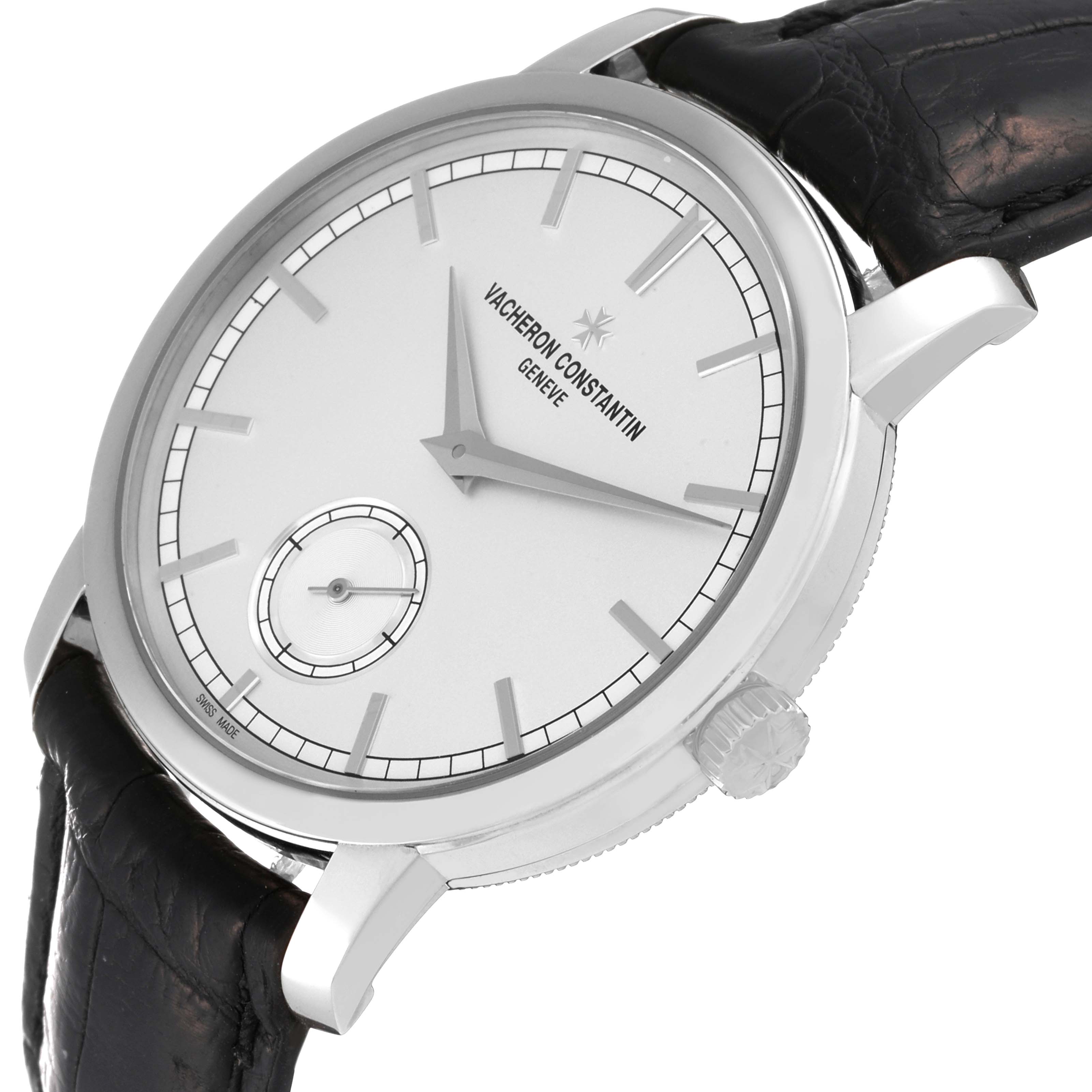 The image shows a Vacheron Constantin Traditionnelle 82172/000G-9383 Men's White Gold Silver Dial 82172/000G-9383 Men's White Gold Silver Dial watch at an angle highlighting the face, crown, and part of the black strap.