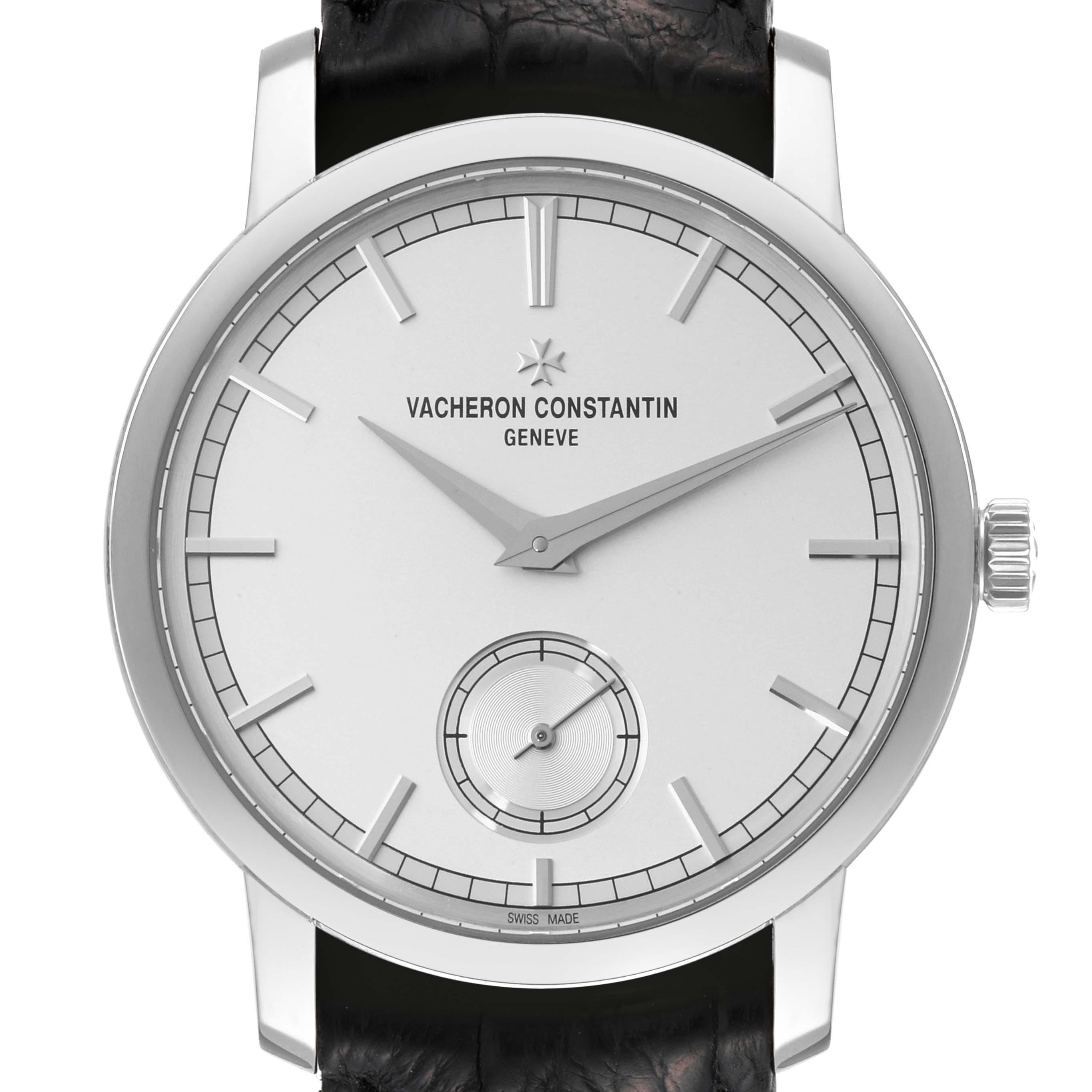 The image shows a front view of the Vacheron Constantin Traditionnelle 82172/000G-9383 Men's White Gold Silver Dial 82172/000G-9383 Men's White Gold Silver Dial watch, highlighting the dial, hands, markers, and crown.