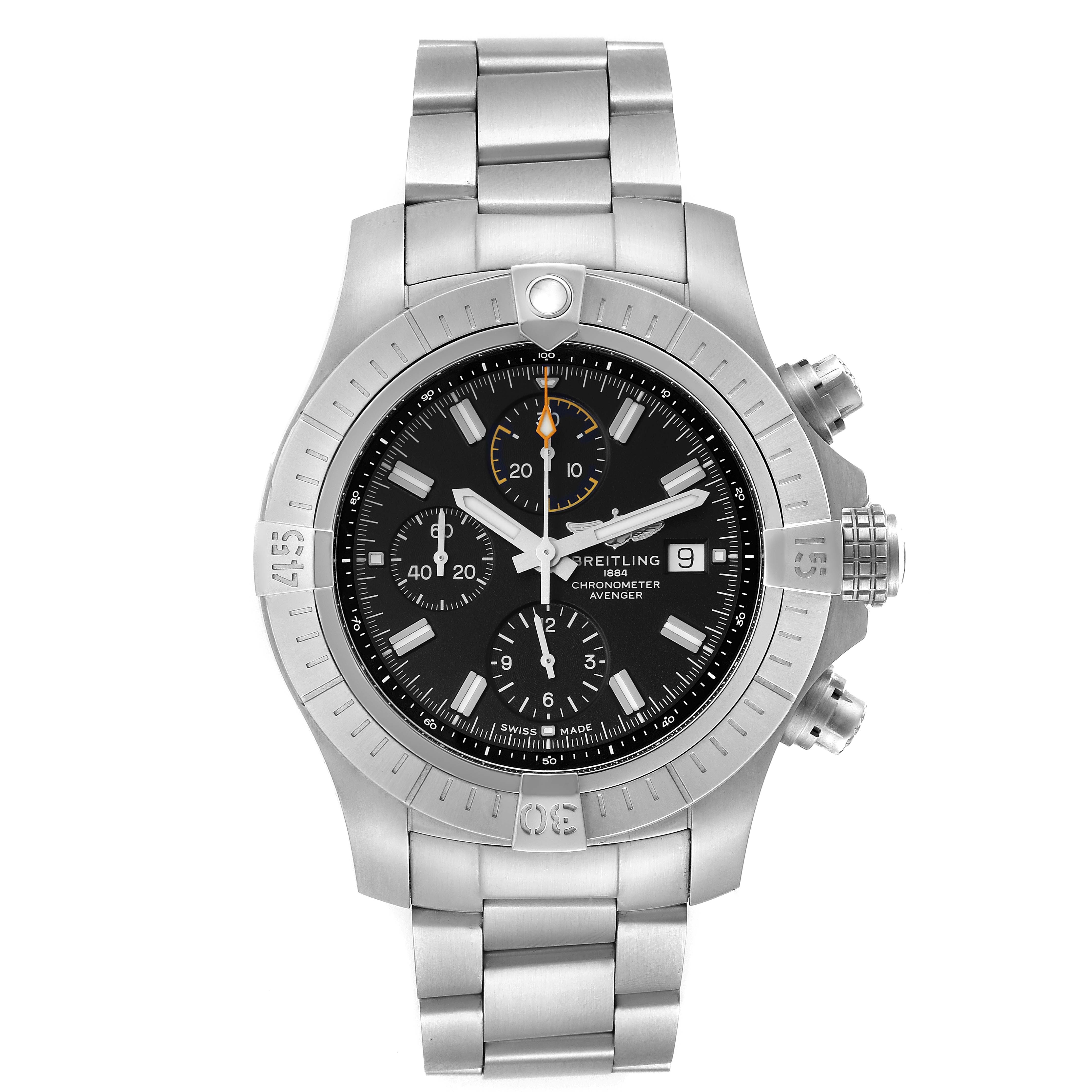 The image shows a front view of the Breitling Avenger A13317101B1X1 Men's Stainless Steel Black Dial A13317101B1X1 Men's Stainless Steel Black Dial watch, displaying its face, bezel, and stainless steel bracelet.