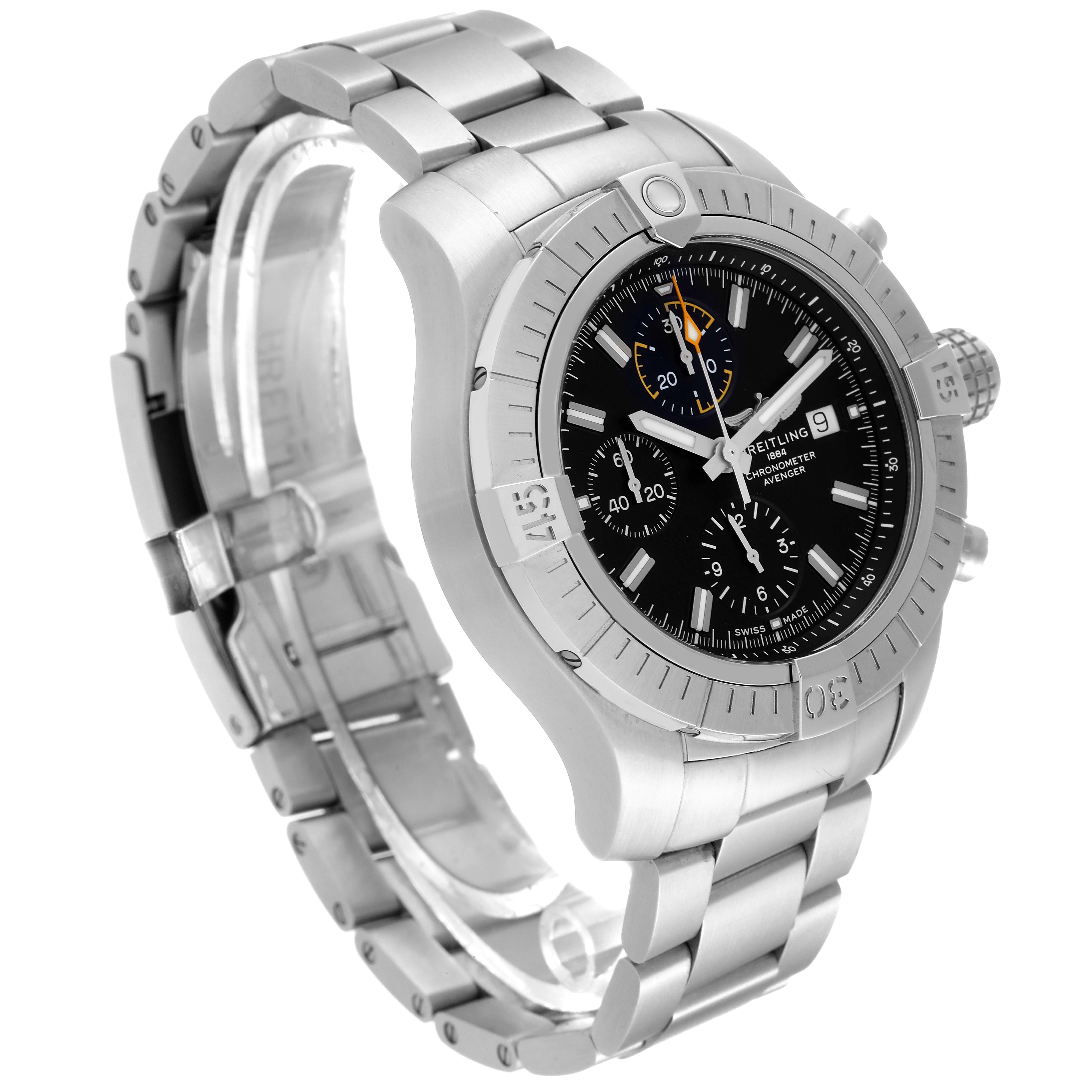 The image shows a side angle of the Breitling Avenger A13317101B1X1 Men's Stainless Steel Black Dial A13317101B1X1 Men's Stainless Steel Black Dial watch, displaying its metal bracelet, bezel, and partially open clasp.