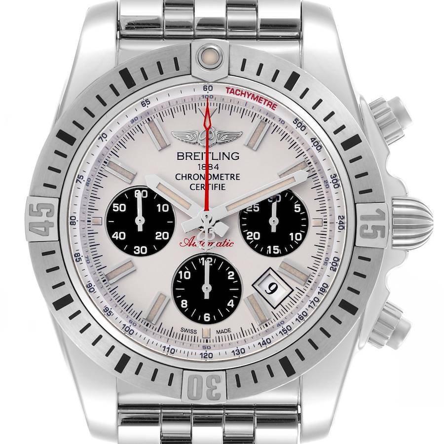 The image shows a frontal view of the Breitling Chronomat watch, highlighting its dial, bezel, and bracelet.