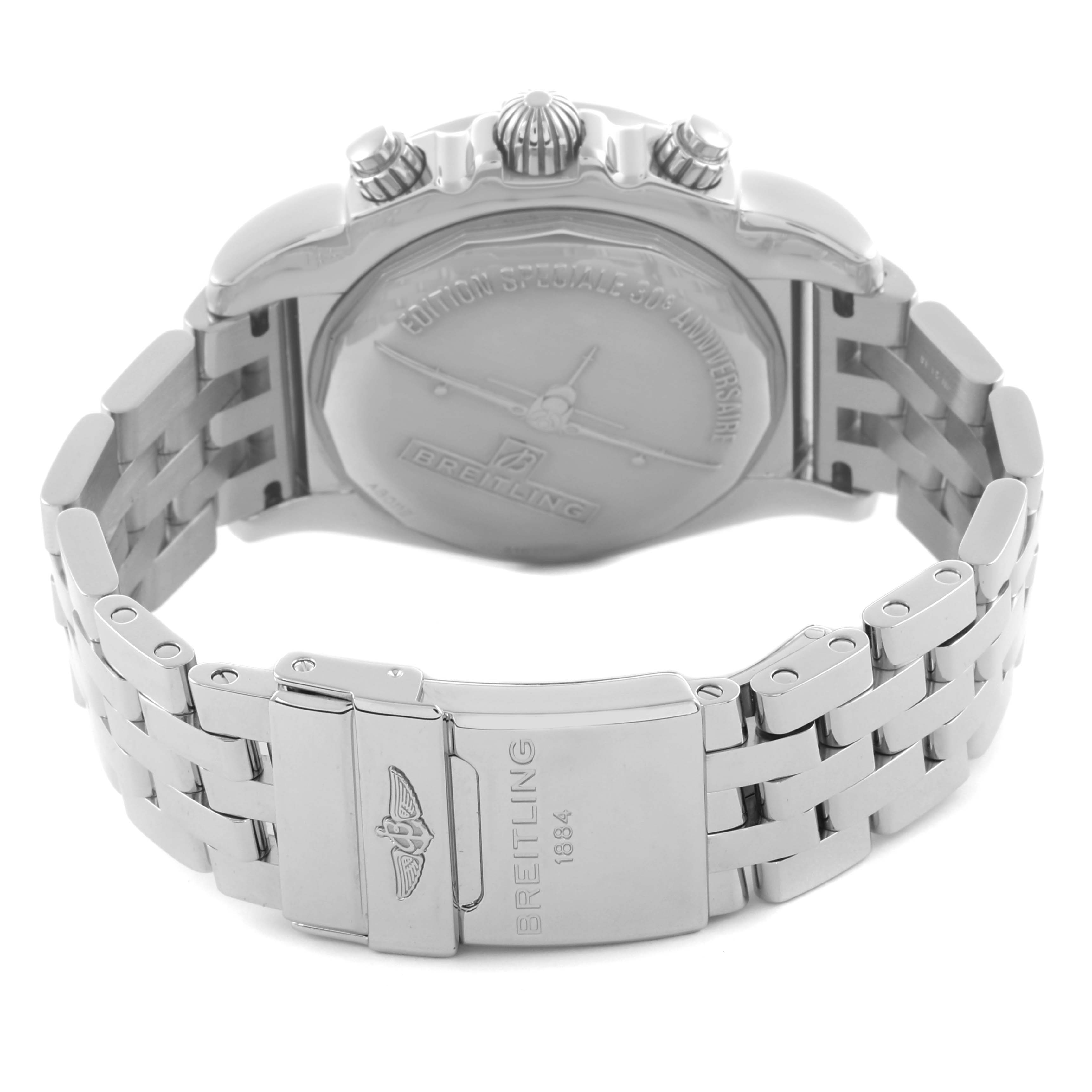 The image shows the Breitling Chronomat AB0115 Men
s Stainless Steel Silver Dial AB0115 Men
s Stainless Steel Silver Dial watch from the back, highlighting the case back, crown, pushers, and bracelet clasp.