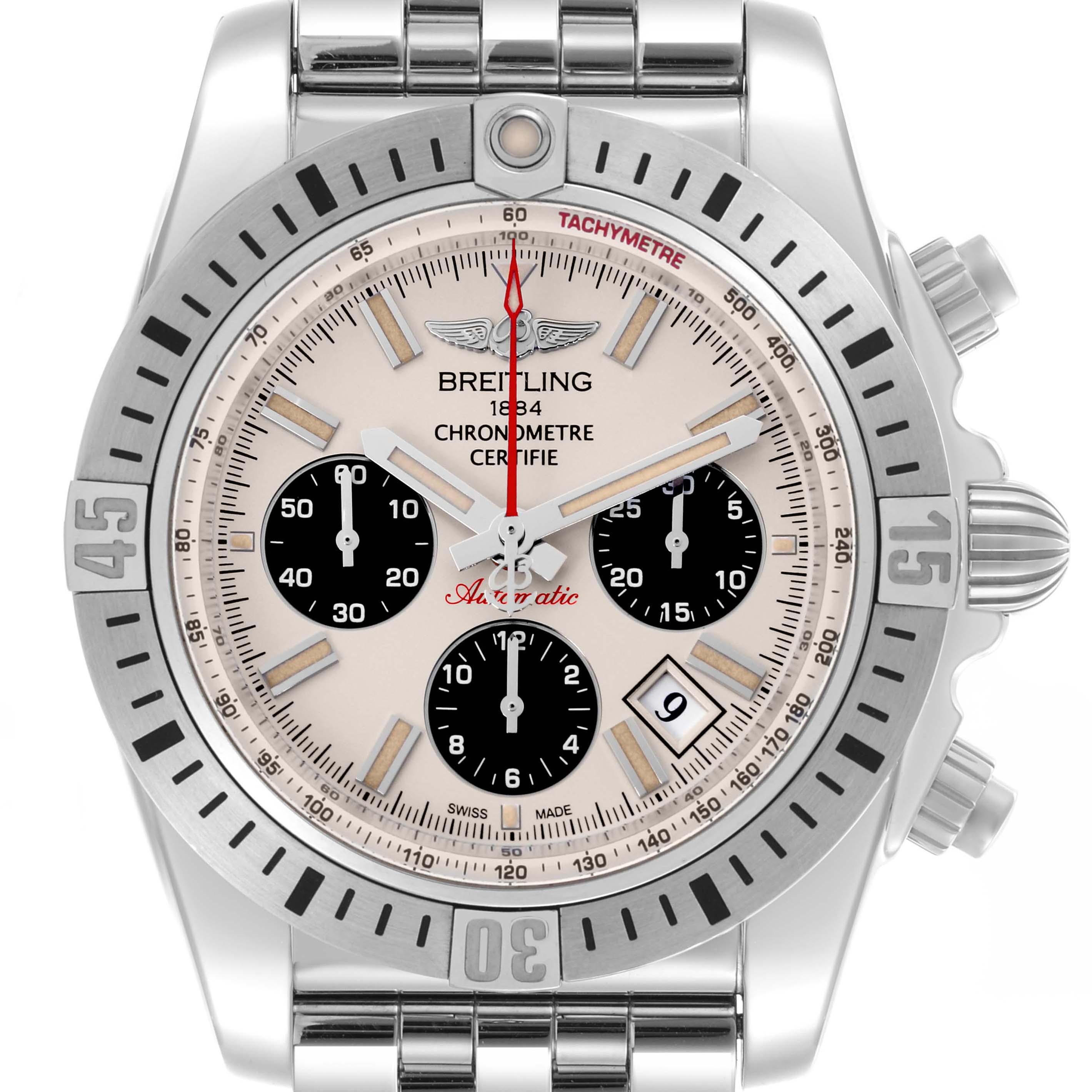 The Breitling Chronomat AB0115 Men
s Stainless Steel Silver Dial AB0115 Men
s Stainless Steel Silver Dial watch is shown from a front view, displaying the dial, subdials, bezel, and crown.