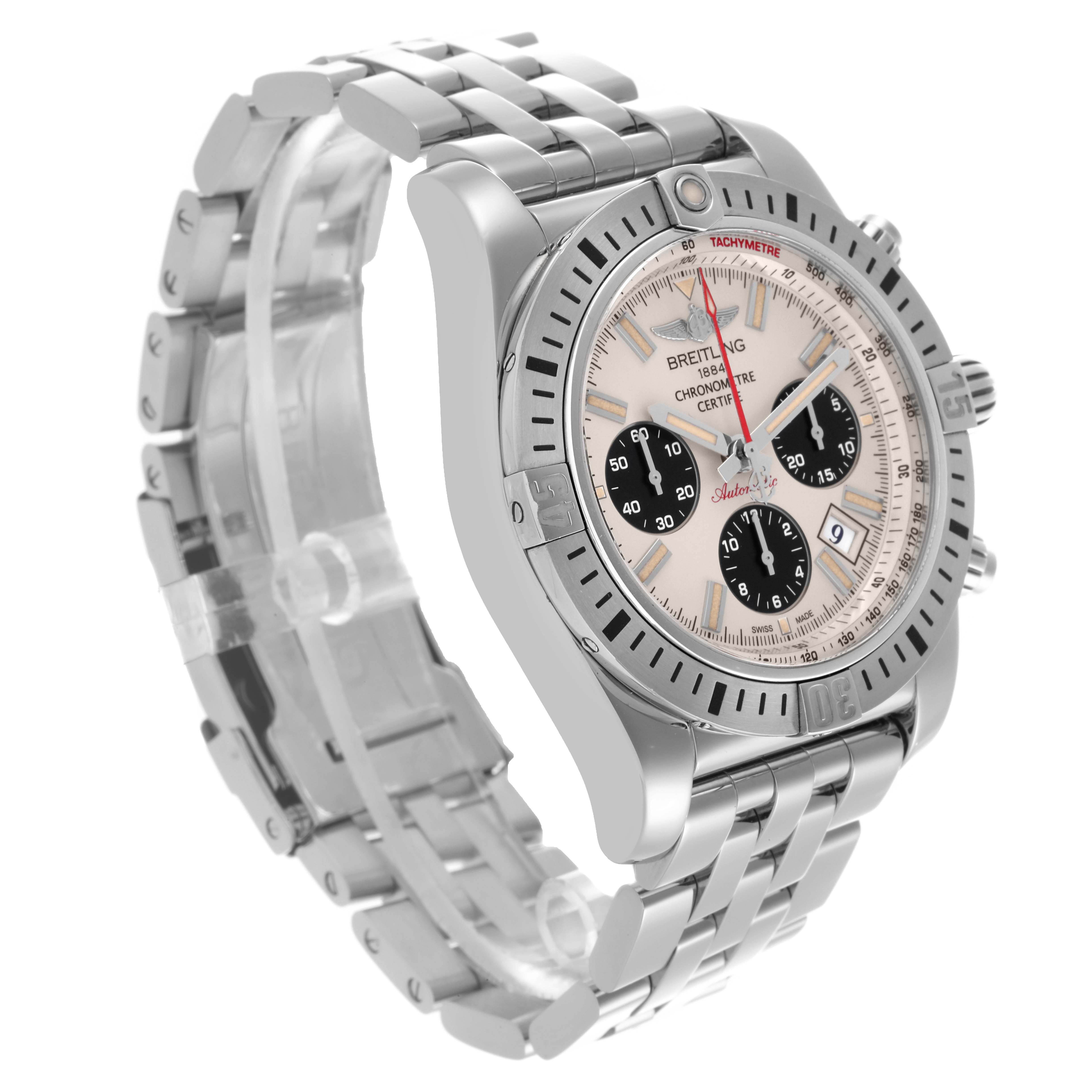 The Breitling Chronomat AB0115 Men
s Stainless Steel Silver Dial AB0115 Men
s Stainless Steel Silver Dial watch is shown at a three-quarter view, highlighting the dial, bezel, and metal bracelet.