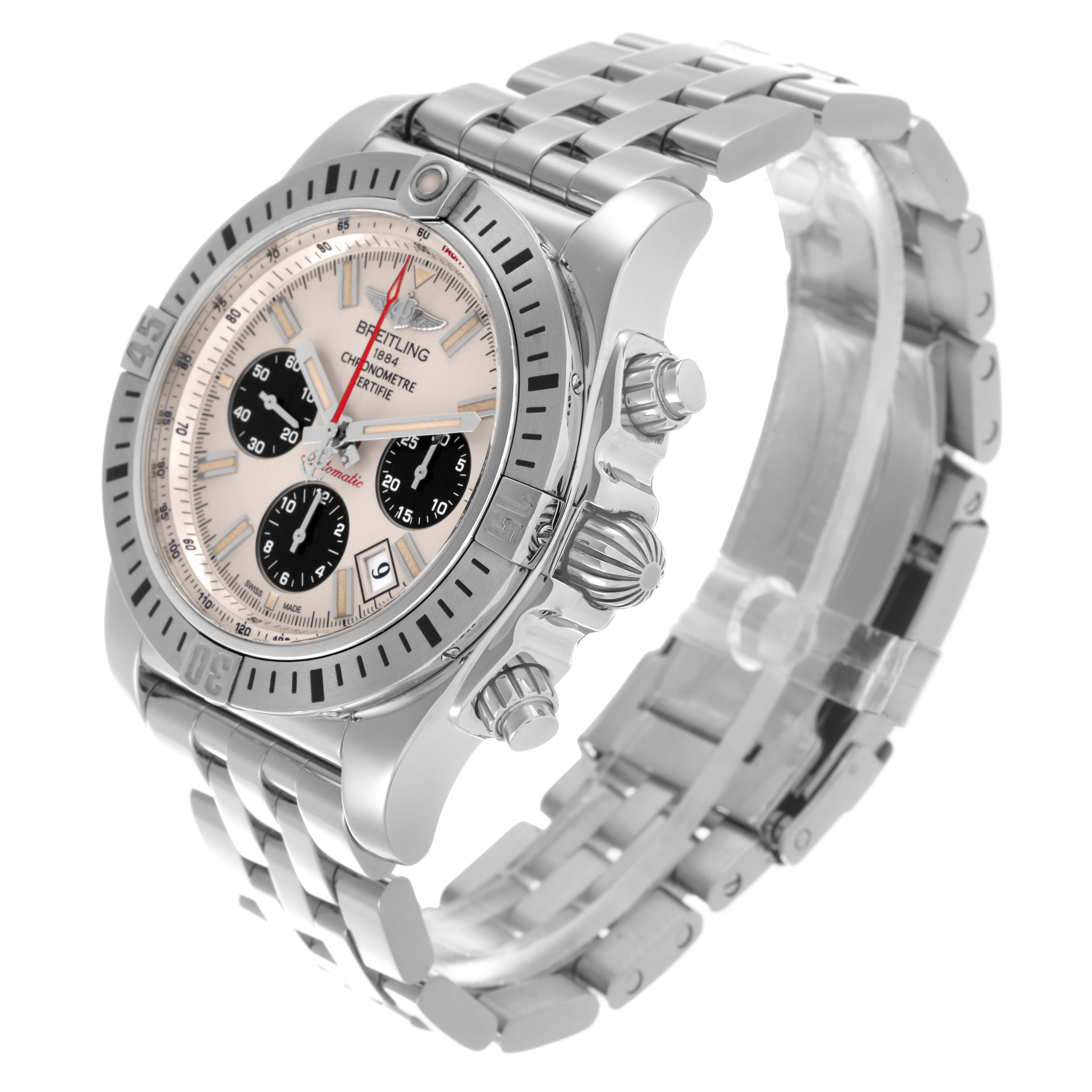 The Breitling Chronomat AB0115 Men
s Stainless Steel Silver Dial AB0115 Men
s Stainless Steel Silver Dial watch is shown at a three-quarter angle, highlighting the face, bezel, crown, pushers, and bracelet.
