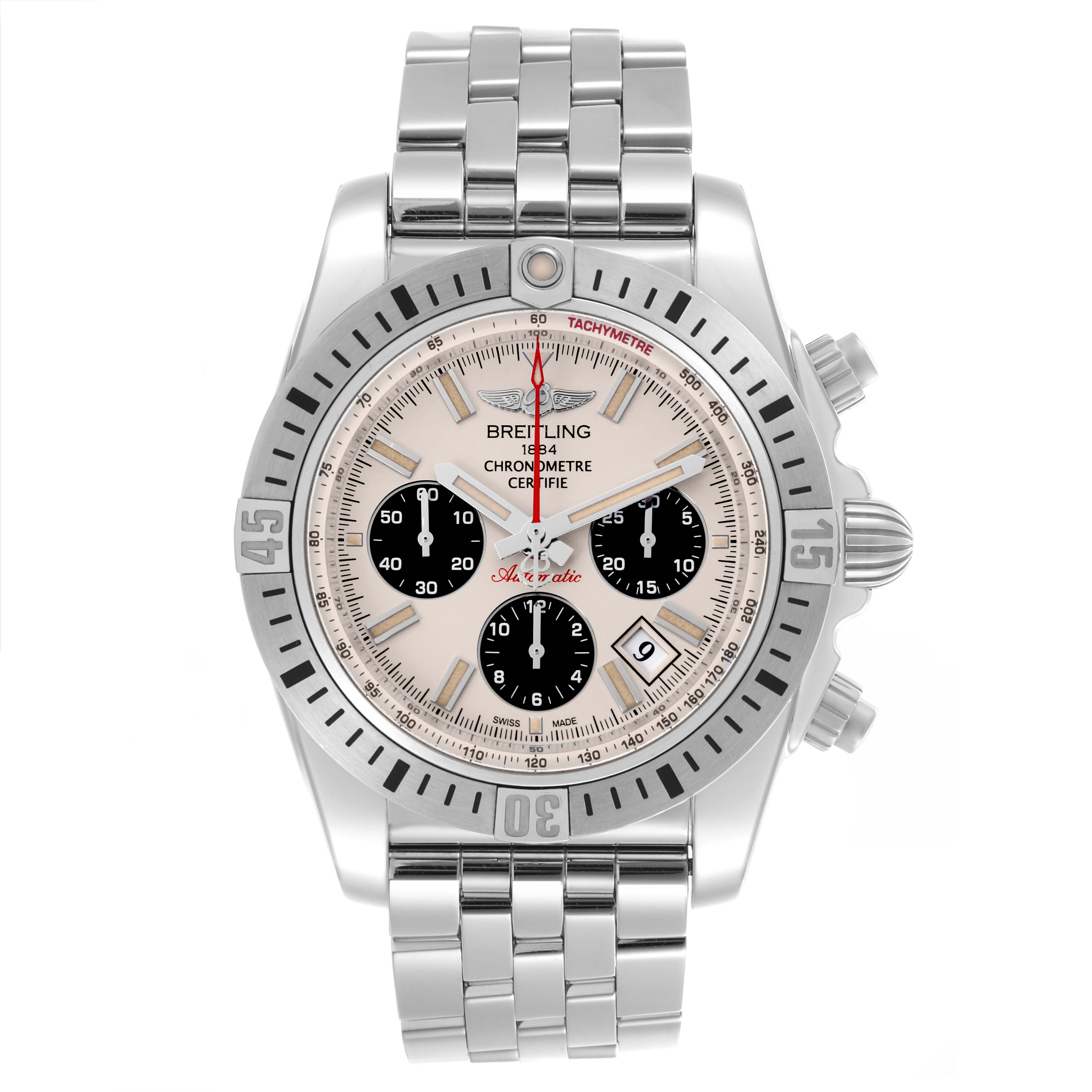 The Breitling Chronomat AB0115 Men
s Stainless Steel Silver Dial AB0115 Men
s Stainless Steel Silver Dial watch is shown from a front angle, displaying the face, bezel, and part of the bracelet.