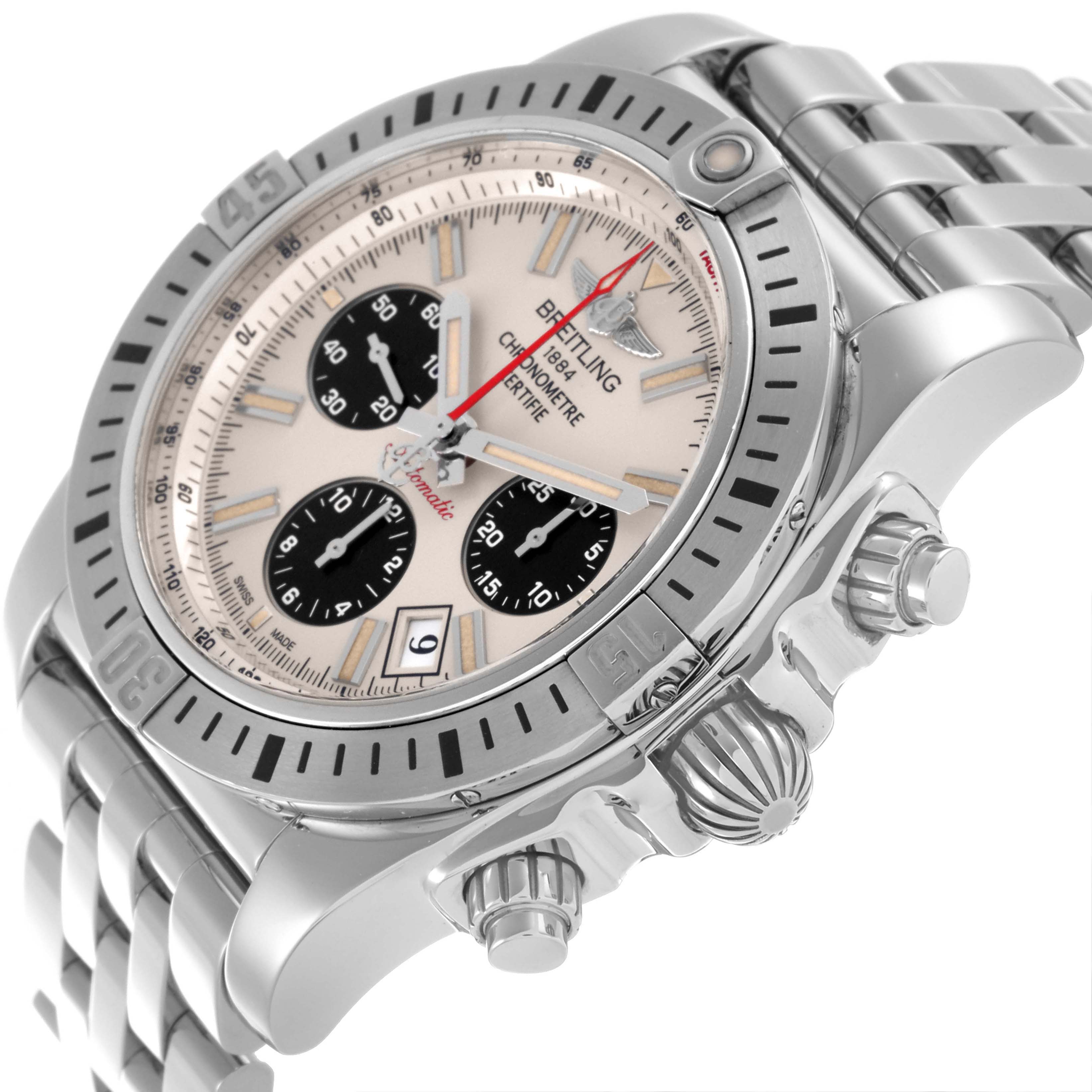The image shows a Breitling Chronomat AB0115 Men
s Stainless Steel Silver Dial AB0115 Men
s Stainless Steel Silver Dial watch angled to highlight the dial, bezel, crown, pushers, and bracelet.