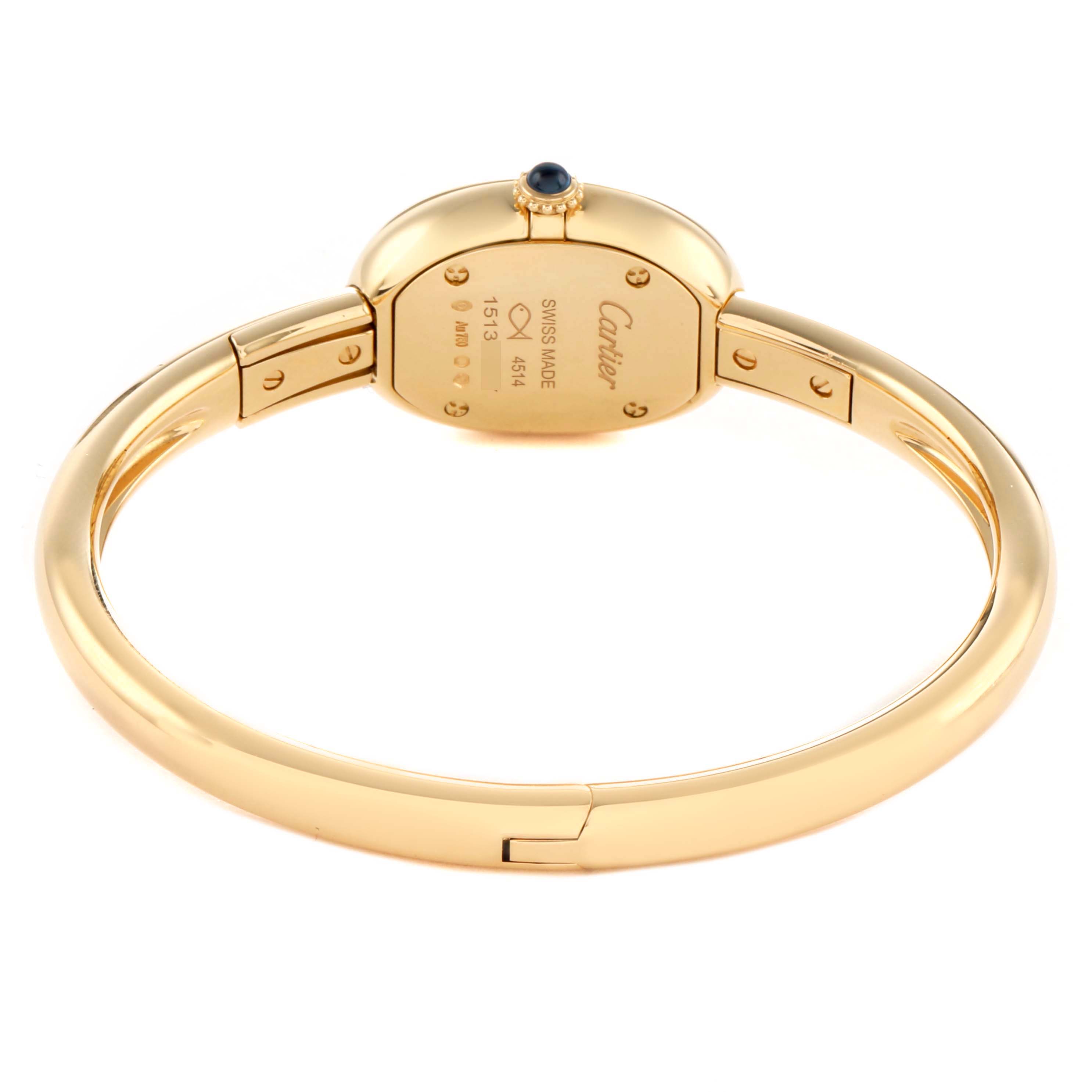 The Cartier Baignoire WGBA0044 Women's Yellow Gold Silver Dial watch is shown from the back, highlighting the case back and bracelet.