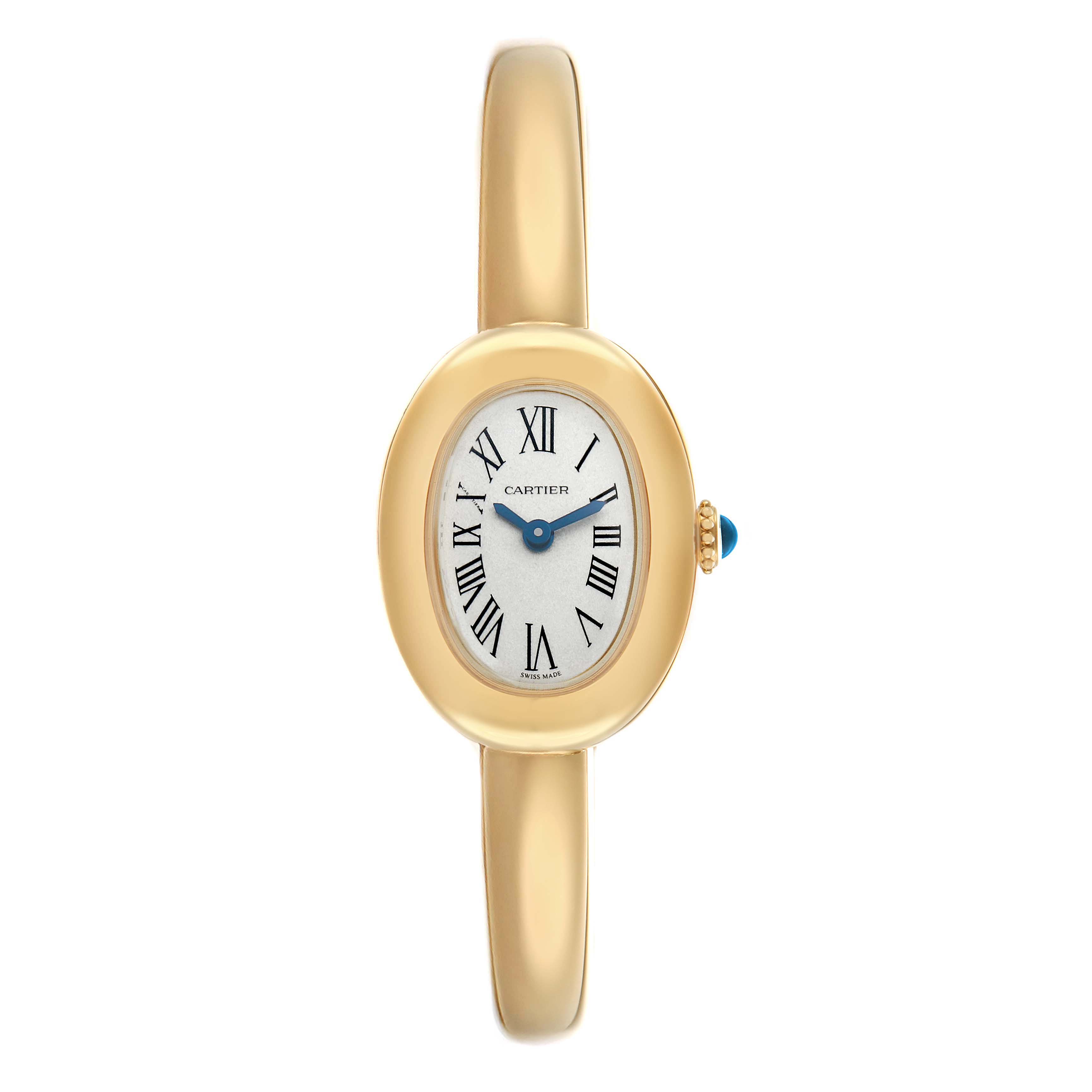 The Cartier Baignoire WGBA0044 Women's Yellow Gold Silver Dial watch is shown from a top-down angle, highlighting its oval dial, Roman numerals, and gold bracelet.