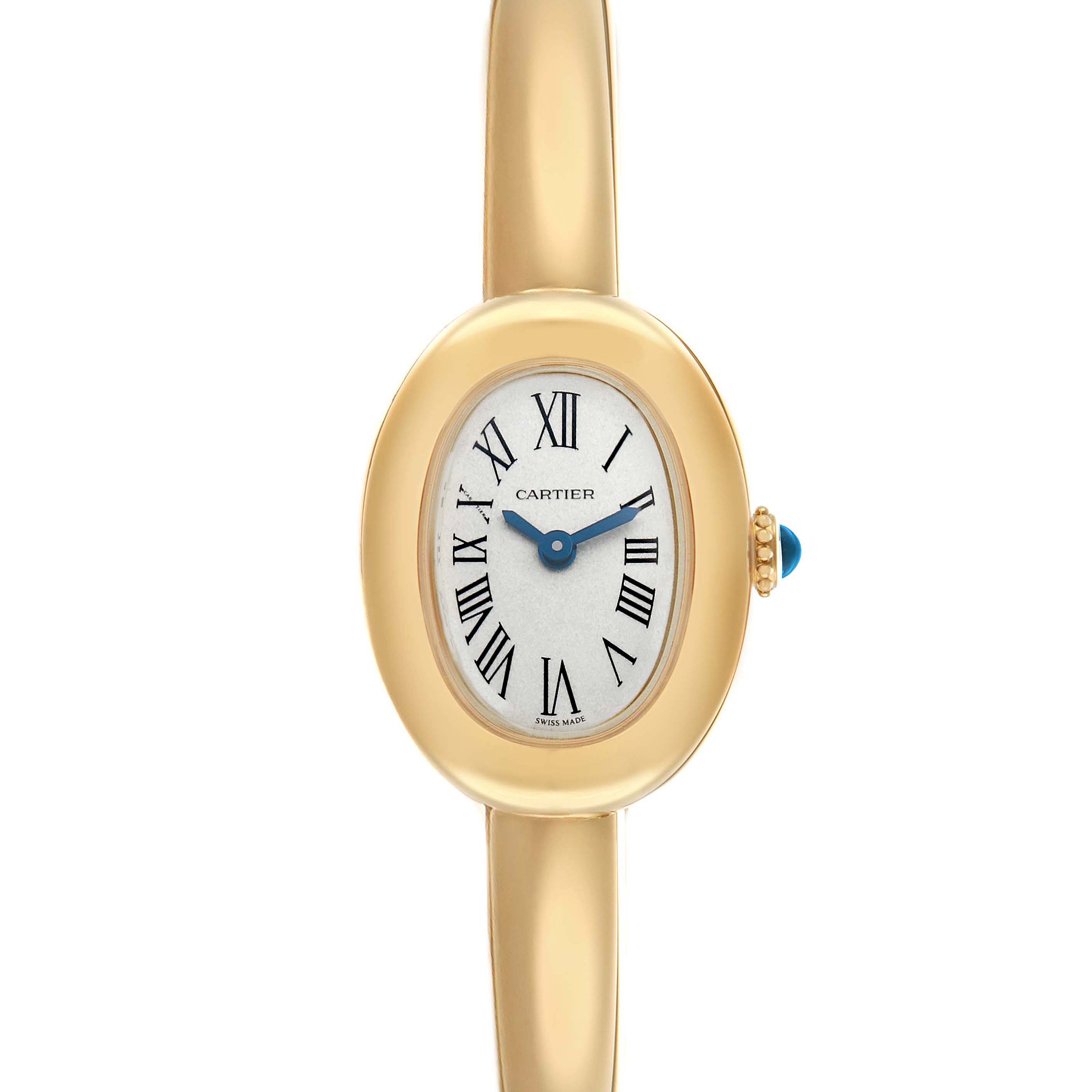 The Cartier Baignoire WGBA0044 Women's Yellow Gold Silver Dial watch is shown from a front angle, displaying its oval face, Roman numerals, and gold strap.