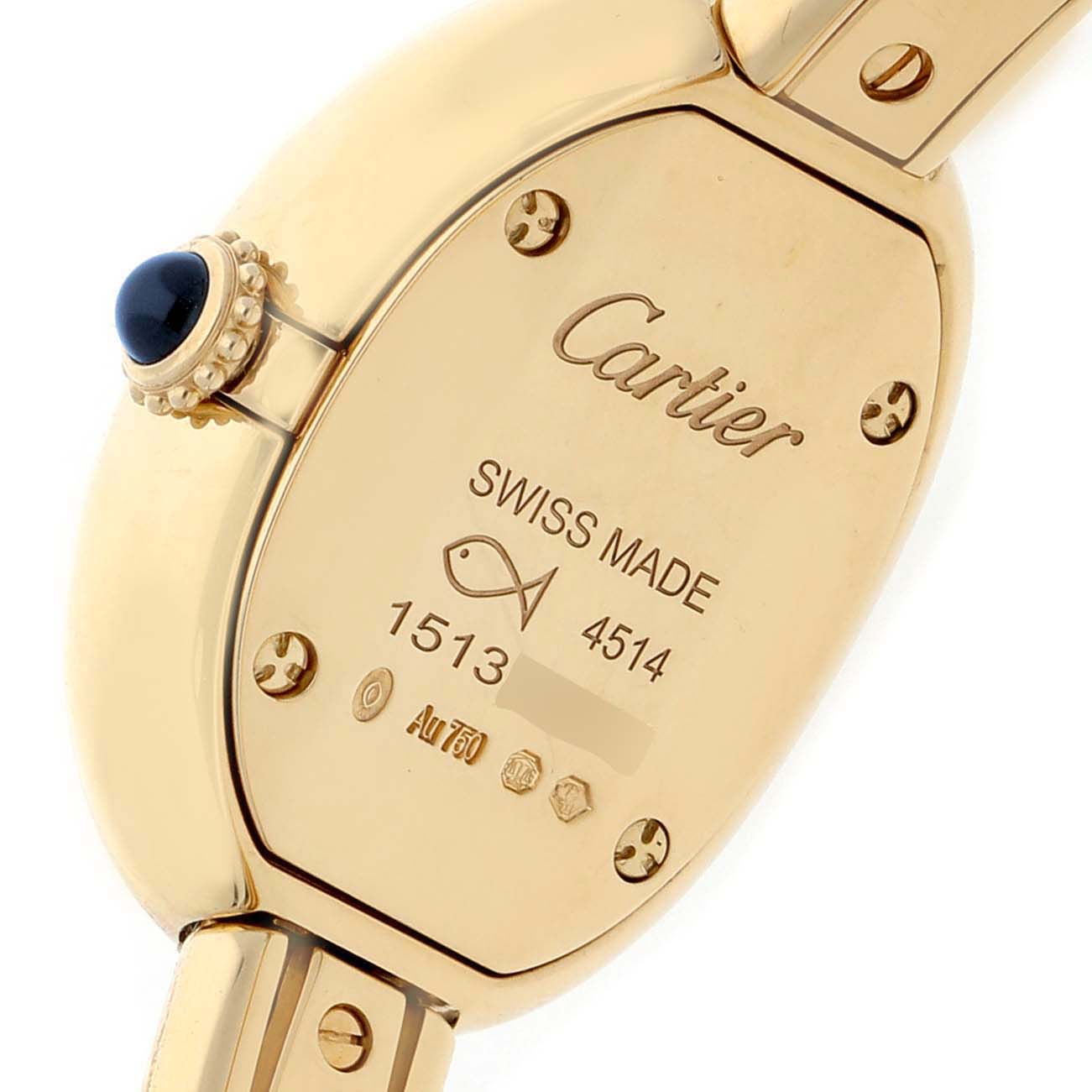The image shows the back of a Cartier Baignoire WGBA0044 Women's Yellow Gold Silver Dial watch, highlighting the case back, screws, and hallmark details.