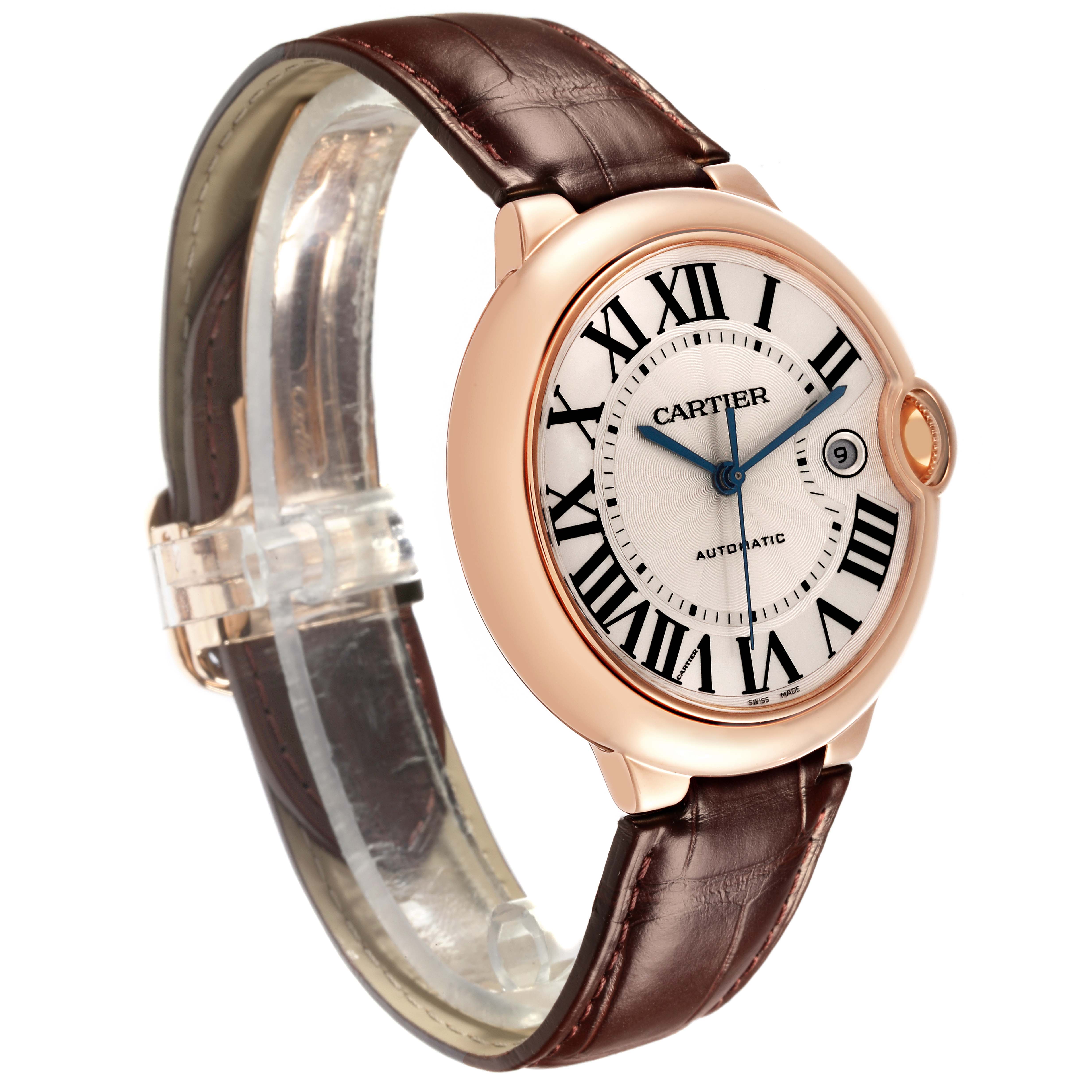 The Ballon Bleu de Cartier watch is shown at an oblique angle, highlighting the face, case, and part of the leather strap.