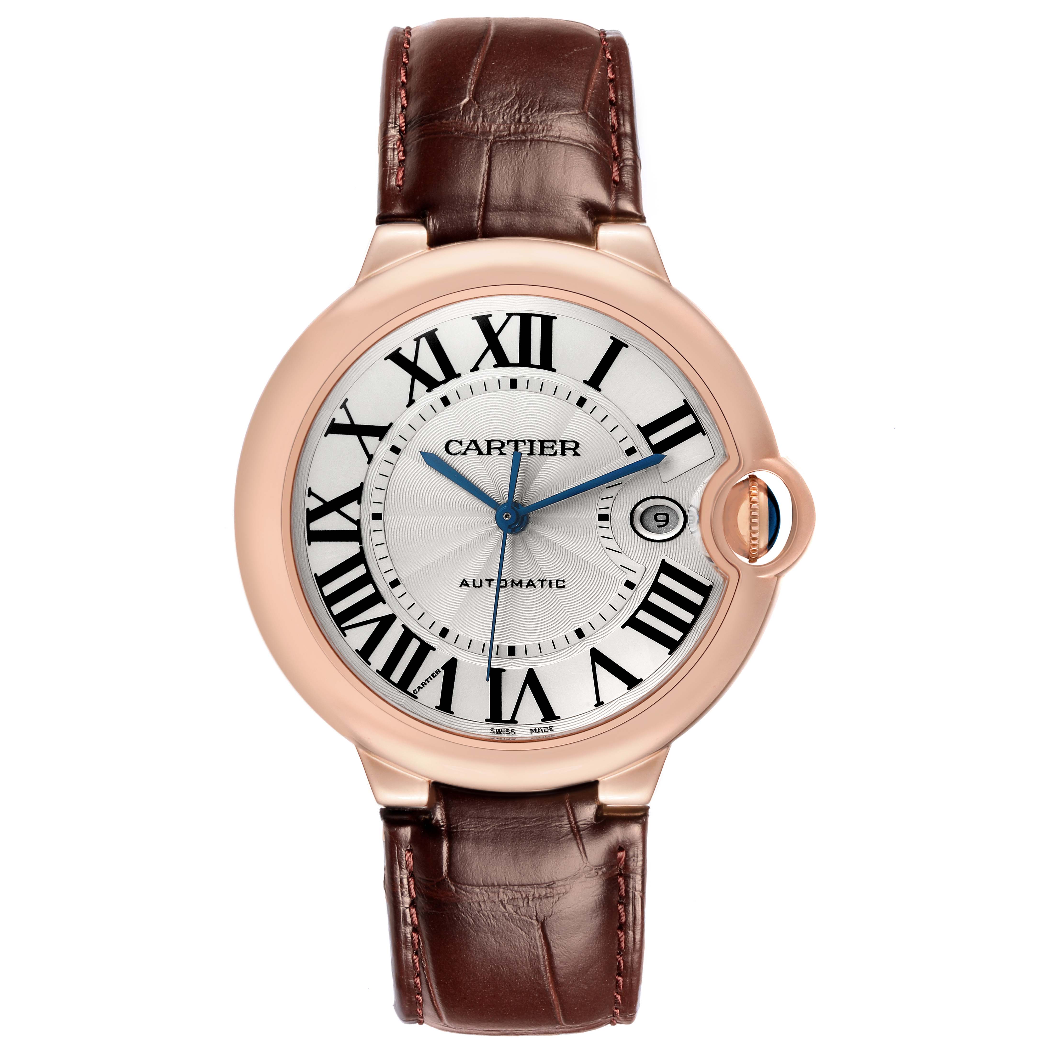The Cartier Ballon Bleu W69000651 Men
s Rose Gold Silver Dial W69000651 Men
s Rose Gold Silver Dial watch is shown from the front, displaying the face and strap.