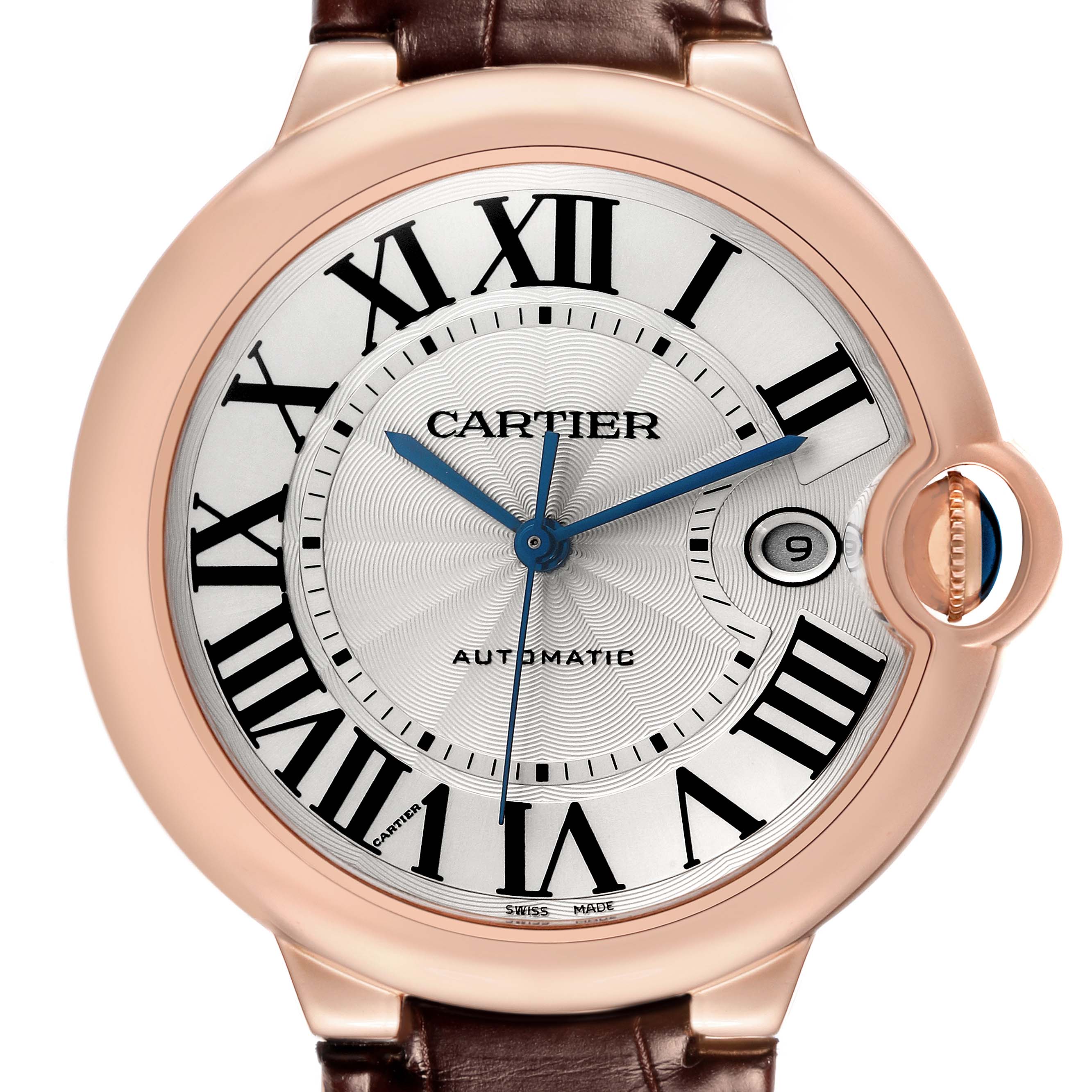The Cartier Ballon Bleu W69000651 Men
s Rose Gold Silver Dial W69000651 Men
s Rose Gold Silver Dial watch is shown from the front, highlighting the dial, hands, and crown.