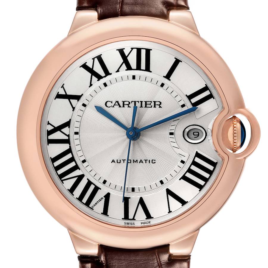 The Cartier Ballon Bleu watch is shown from the front, highlighting the dial, hands, and crown.