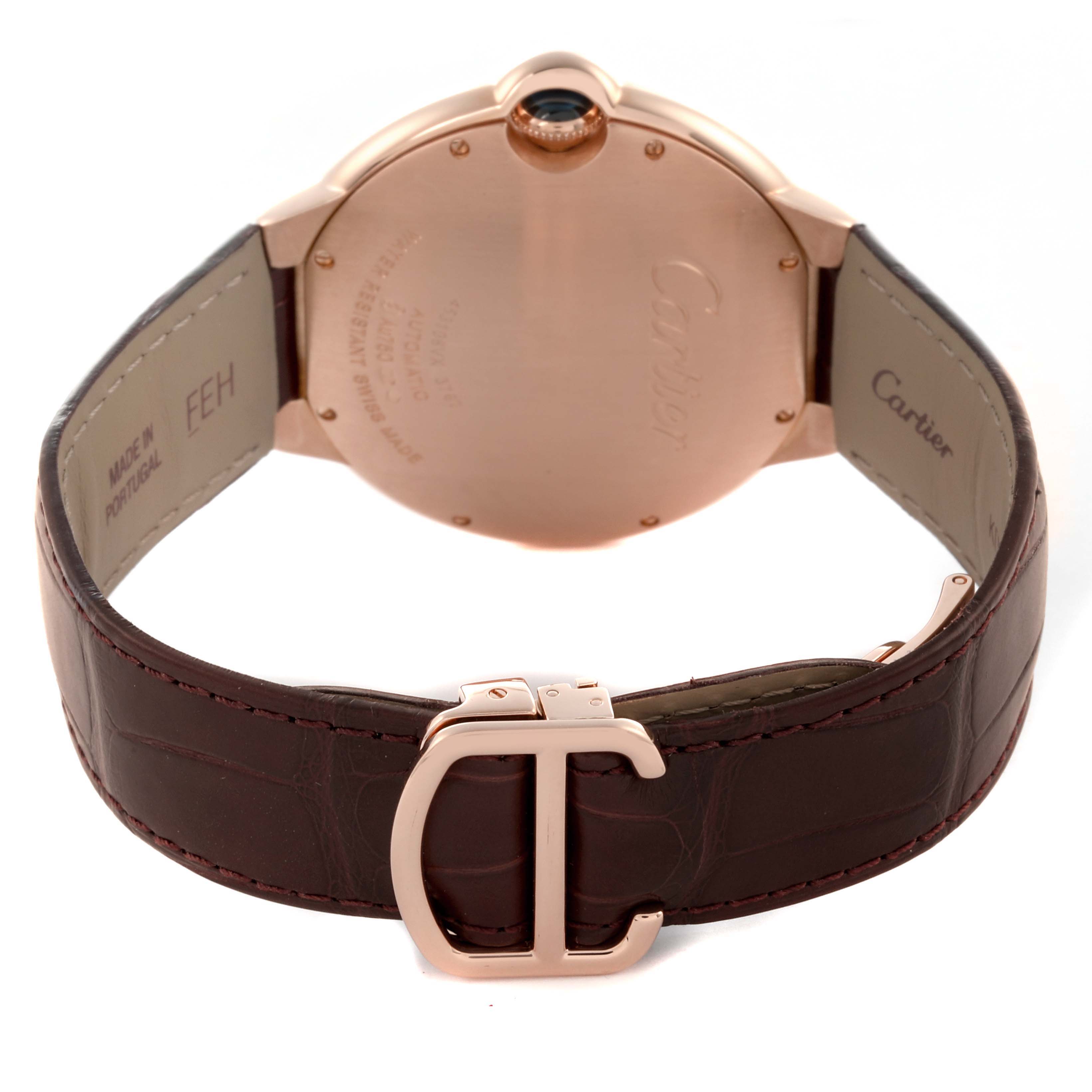 The image shows the back of the Cartier Ballon Bleu W69000651 Men
s Rose Gold Silver Dial W69000651 Men
s Rose Gold Silver Dial watch, including the case, crown, and leather strap with buckle.