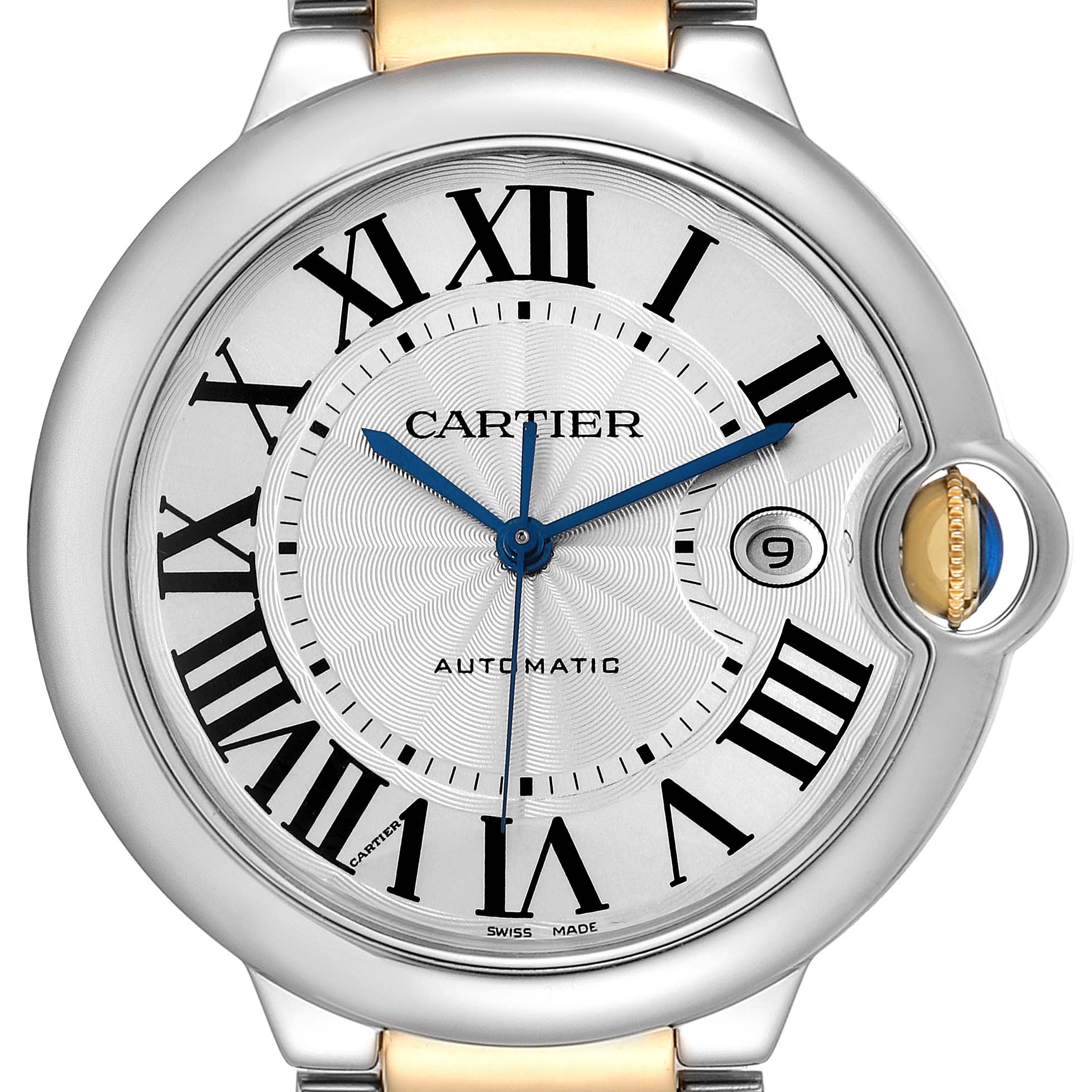 This image shows a close-up view of the Cartier Ballon Bleu W69009Z3 Men's Steel and Gold (two tone) Silver Dial W69009Z3 Men's Steel and Gold (two tone) Silver Dial watch face, highlighting the Roman numerals, date window, and crown.