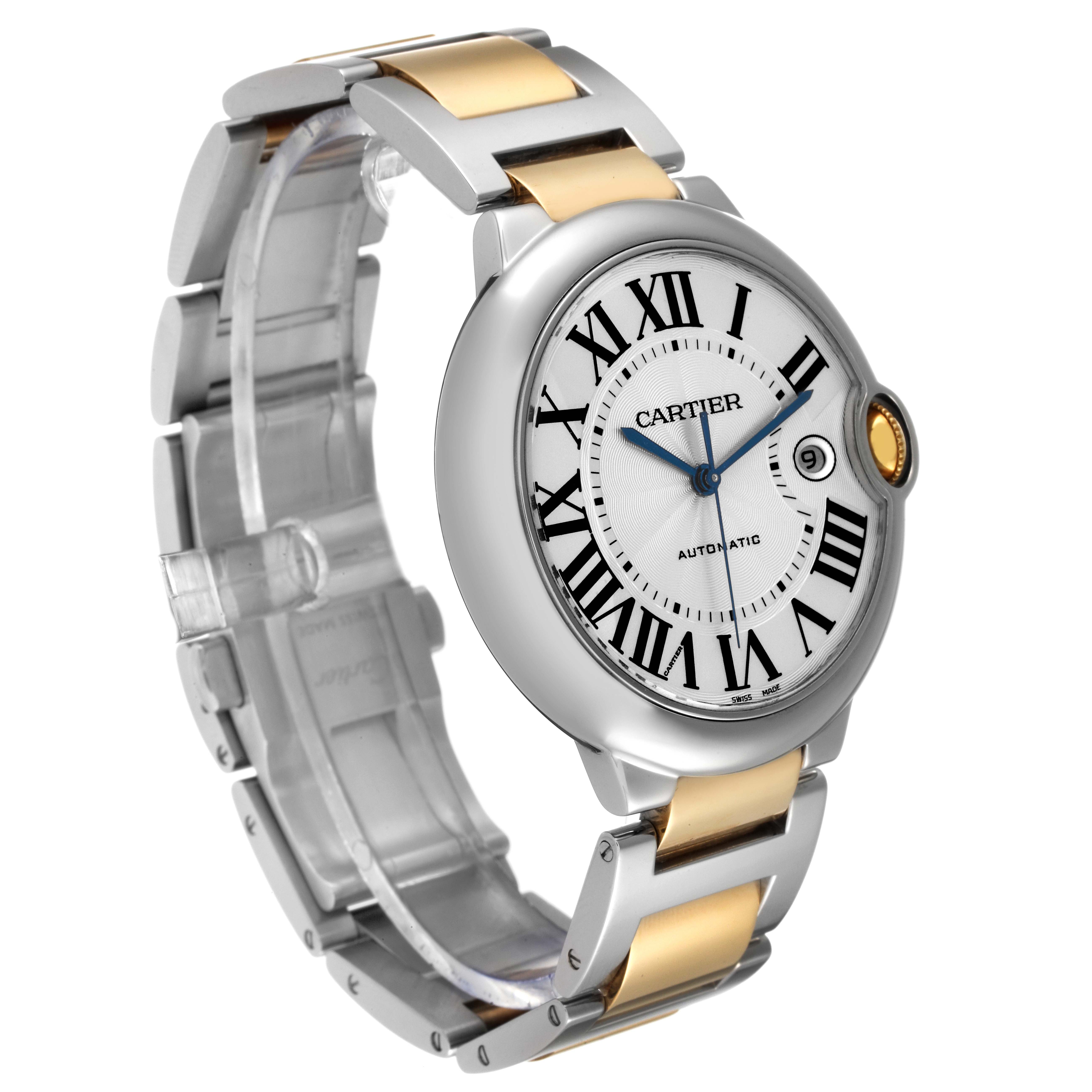 The image shows a Cartier Ballon Bleu W69009Z3 Men's Steel and Gold (two tone) Silver Dial W69009Z3 Men's Steel and Gold (two tone) Silver Dial watch angled to display the face and the two-tone metal bracelet.