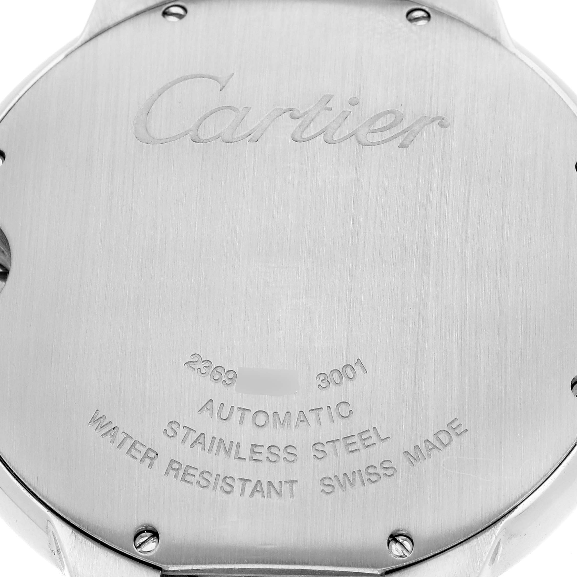 The image shows the back case of a Cartier Ballon Bleu W69009Z3 Men's Steel and Gold (two tone) Silver Dial W69009Z3 Men's Steel and Gold (two tone) Silver Dial watch, featuring engravings indicating its specifications.