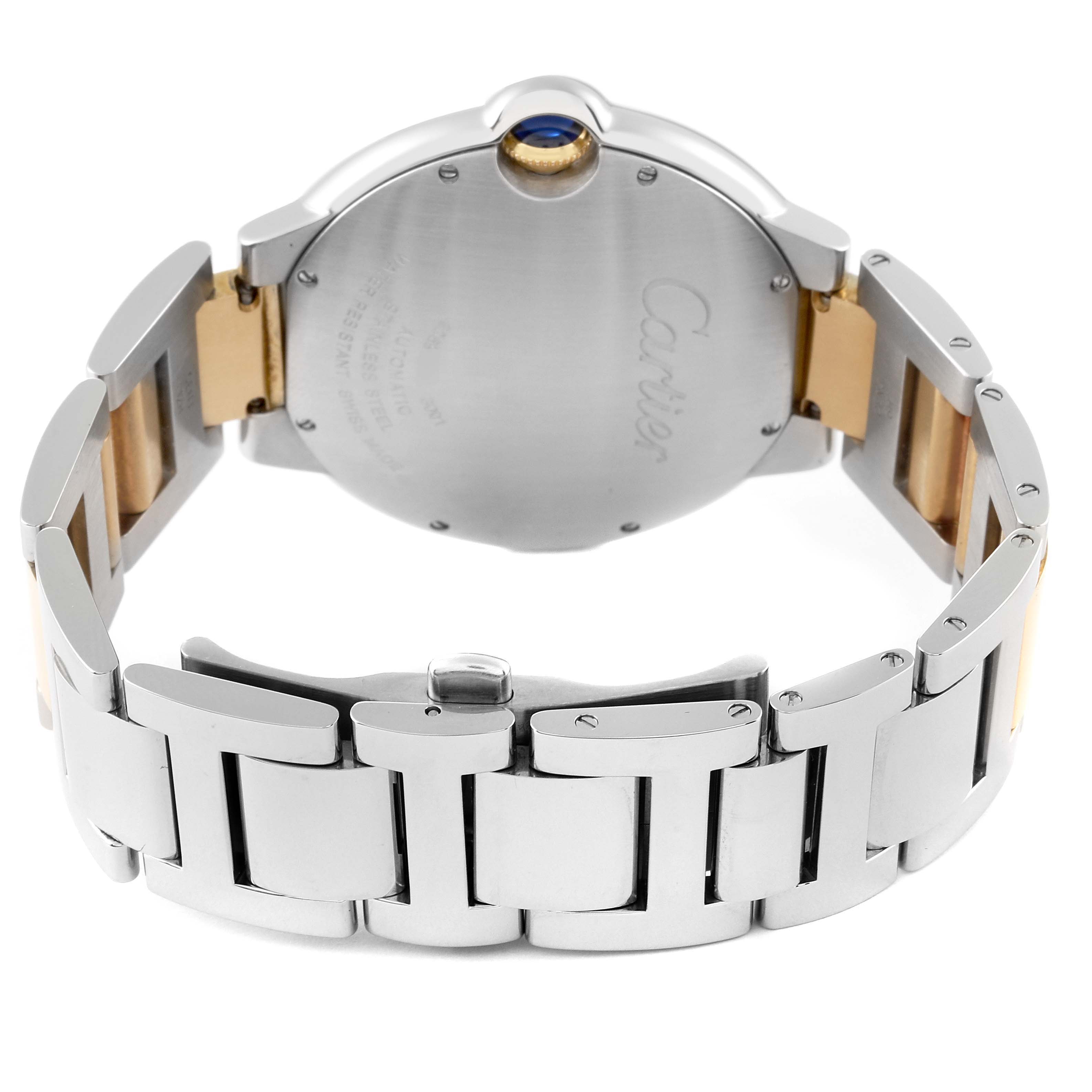 This image shows the back view of the Ballon Bleu model by Cartier, highlighting the bracelet, clasp, and case back.