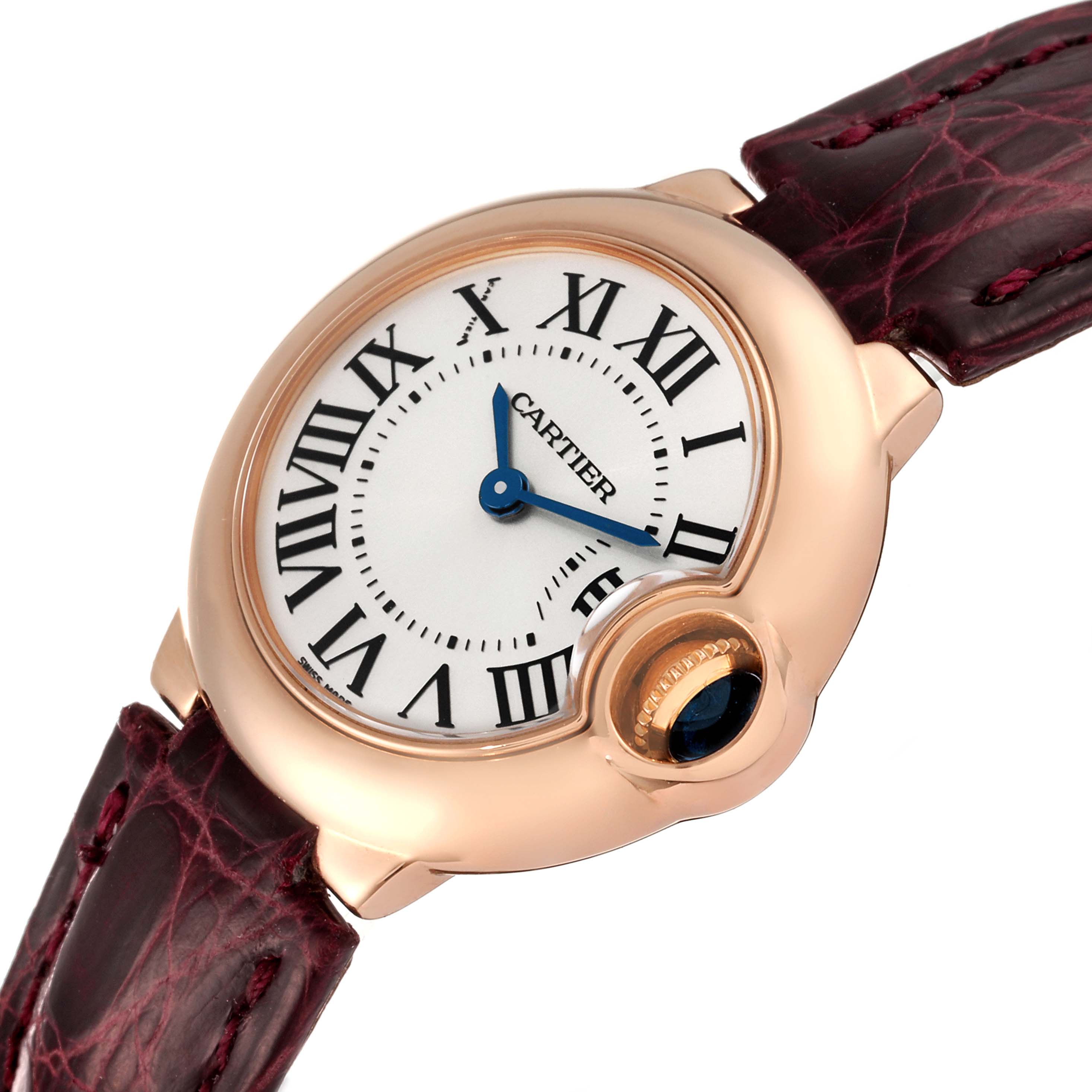 The image shows a close-up angled view of the Cartier Ballon Bleu W6900256 Women's Rose Gold Silver Dial W6900256 Women's Rose Gold Silver Dial watch, focusing on the dial and crown.