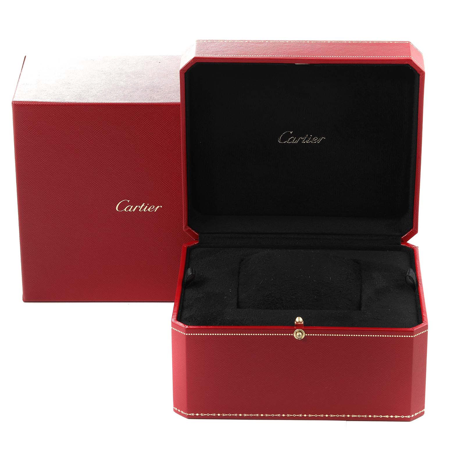The image shows an open red Cartier watch box for the Ballon Bleu model, displaying its inner cushion and the Cartier branding.