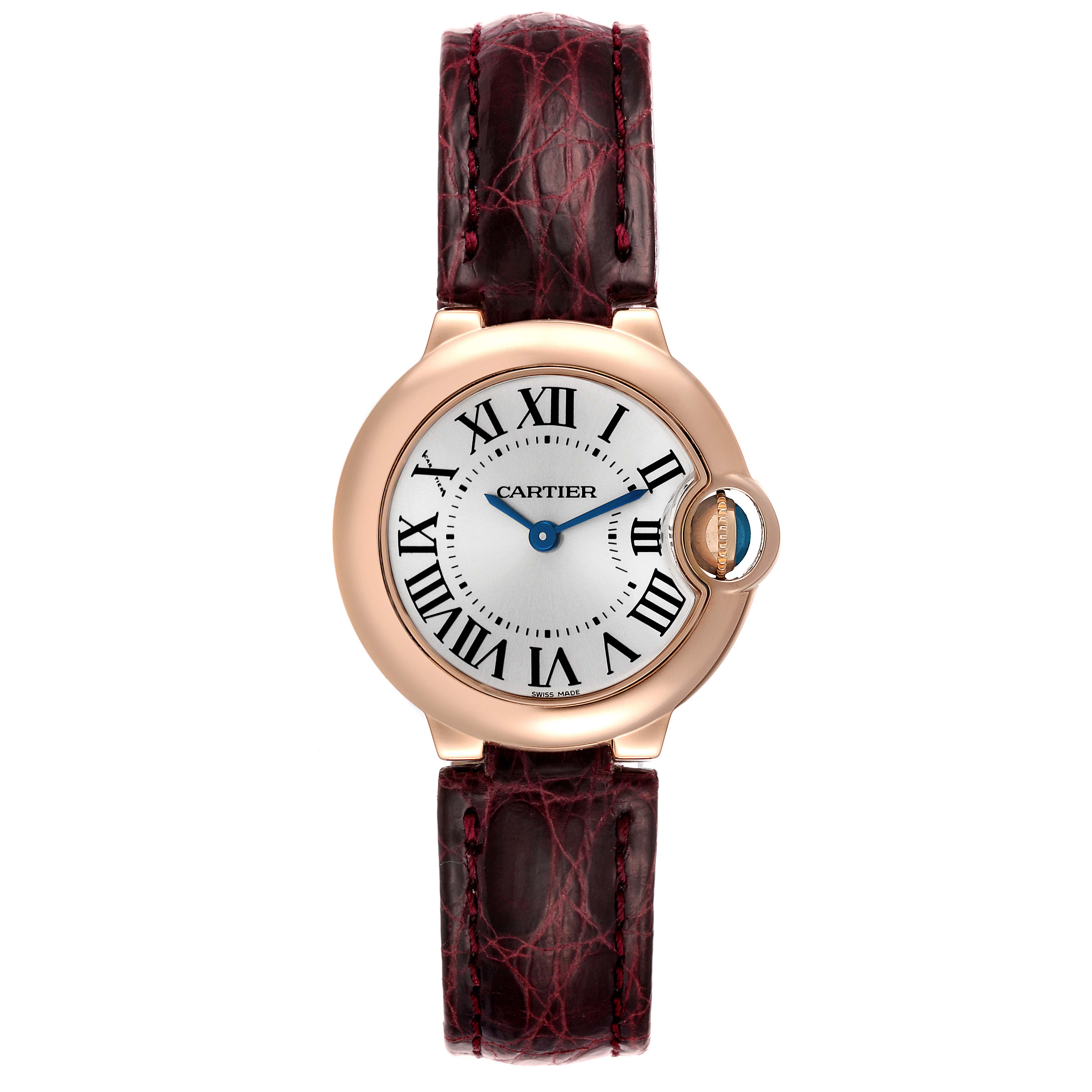 The image shows a front view of a Ballon Bleu by Cartier watch with a pink gold case and a maroon leather strap.