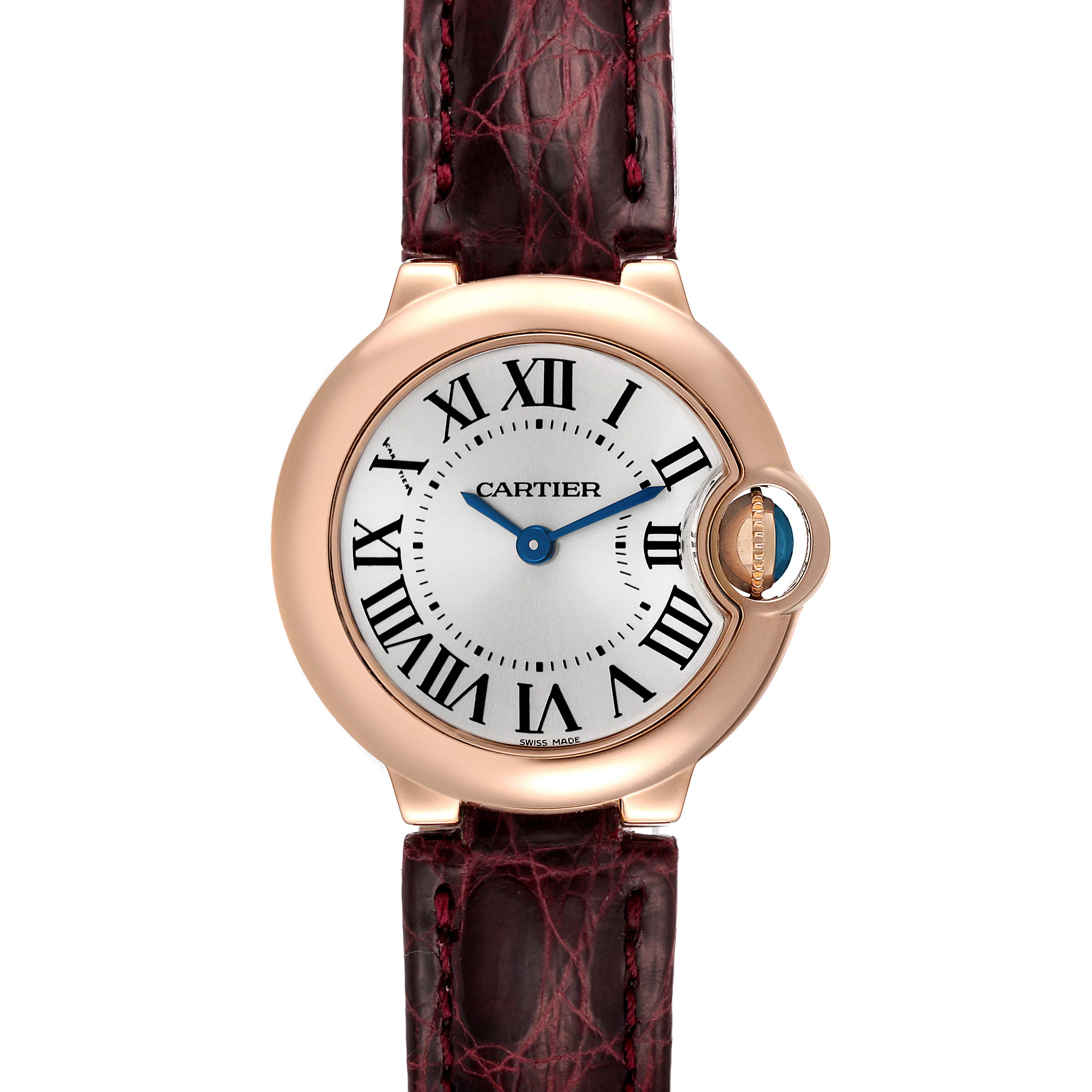 The image shows a frontal view of the Ballon Bleu de Cartier watch, displaying its dial, strap, and crown.