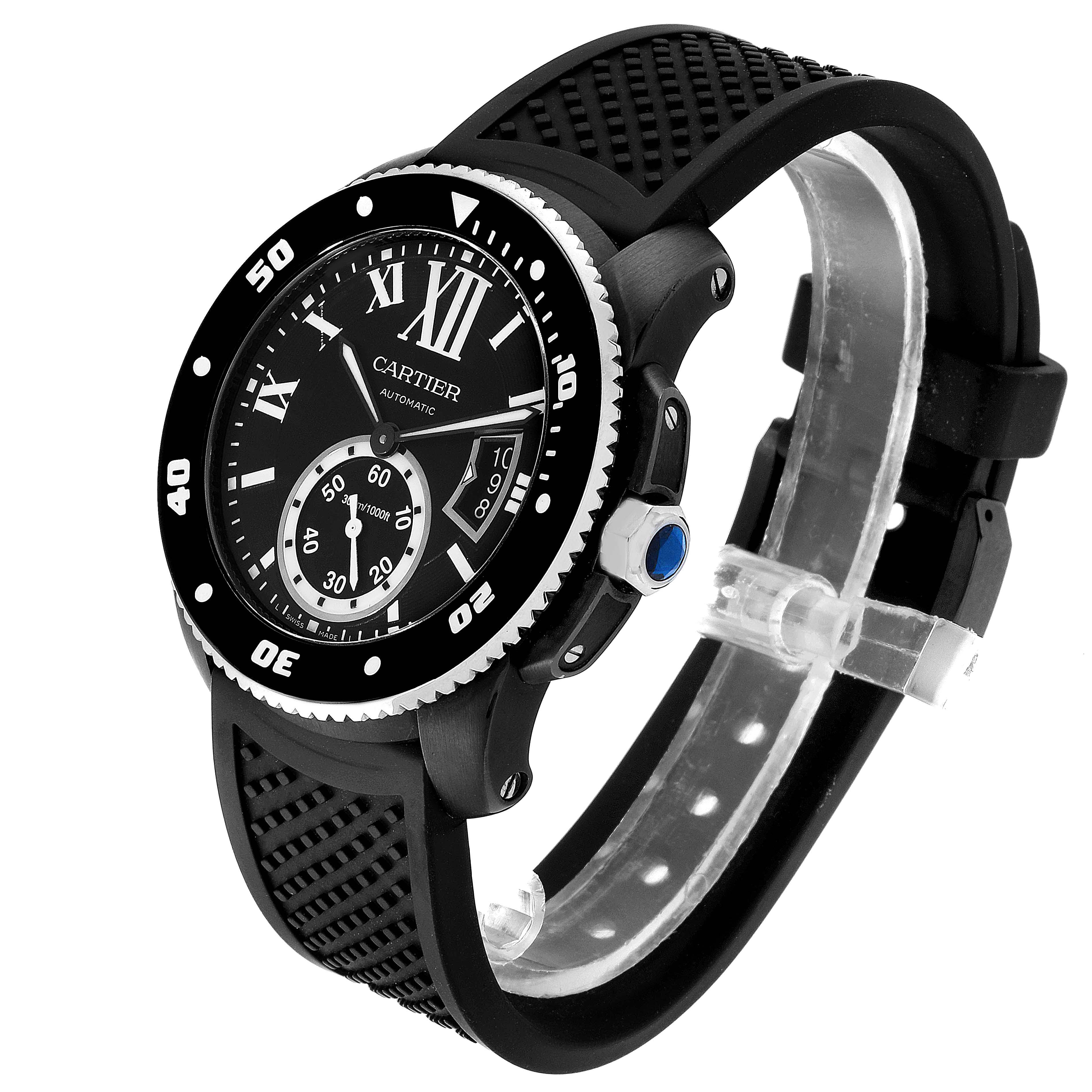 This image shows a Calibre de Cartier watch by Cartier from a three-quarter angle, highlighting the case, strap, and dial.