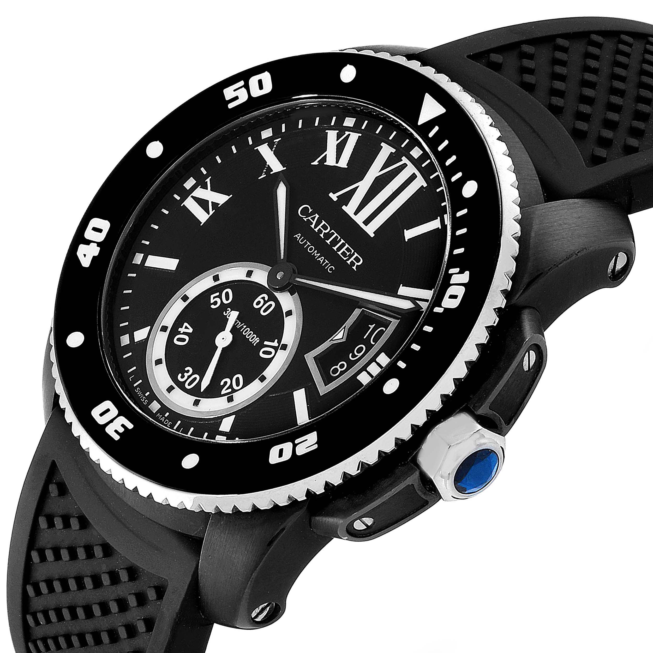 The image shows a close-up, angled view of the Calibre de Cartier by Cartier, featuring its dial, bezel, and crown.