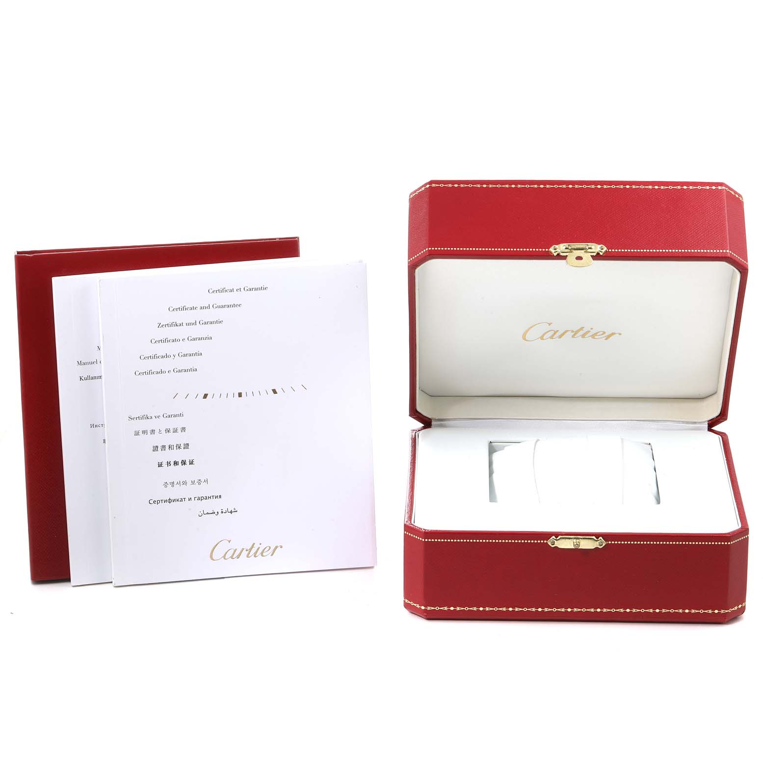 The image shows the box and documentation for the Calibre de Cartier watch by Cartier.