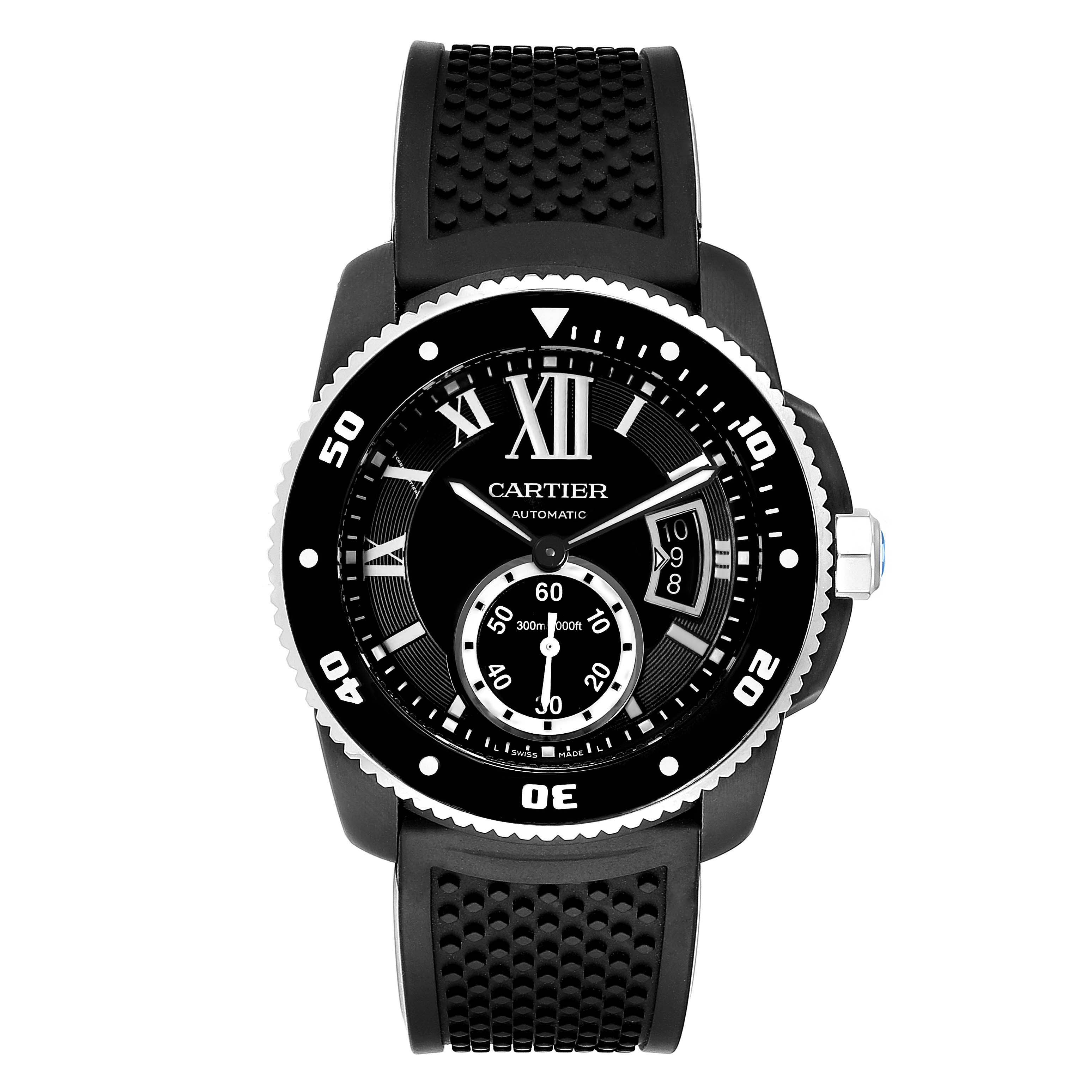 The image shows a front view of a Calibre de Cartier watch by Cartier, highlighting the dial, bezel, and rubber strap.